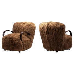 Danish Cabinetmaker Lounge Chairs in Tibetan Sheepskin, Denmark, 1950s