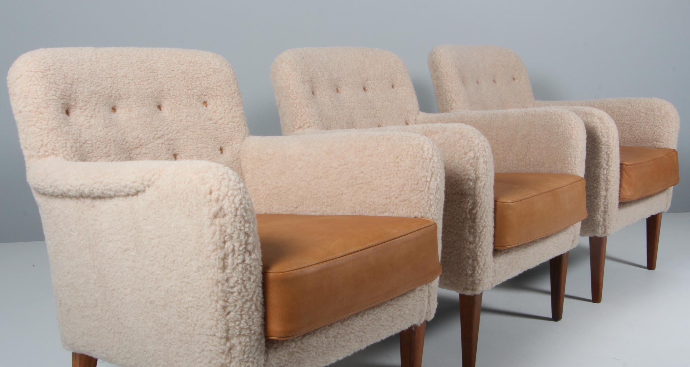 Scandinavian Modern Danish Cabinetmaker, Lounge Chairs Lambwool and Aniline Leather, 1940s