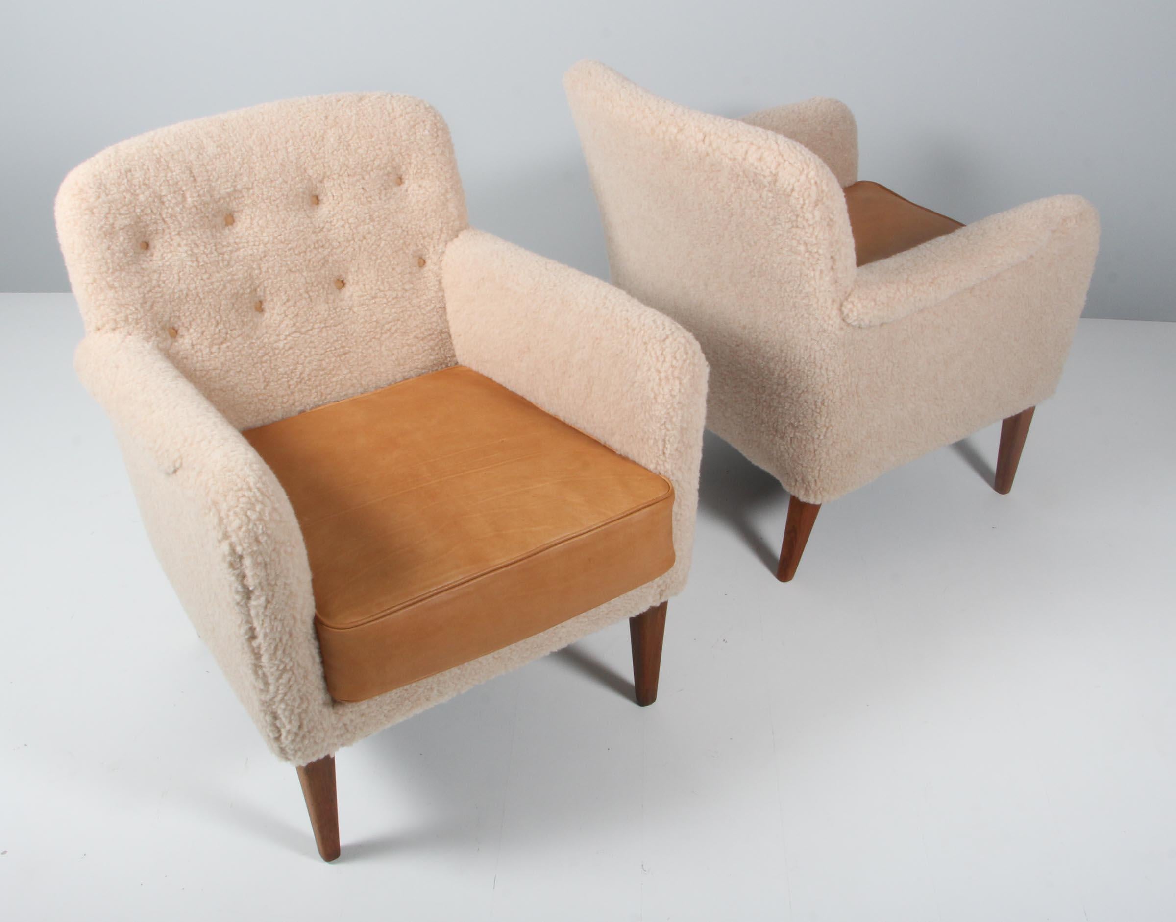Mid-20th Century Danish Cabinetmaker, Lounge Chairs Lambwool and Aniline Leather, 1940s