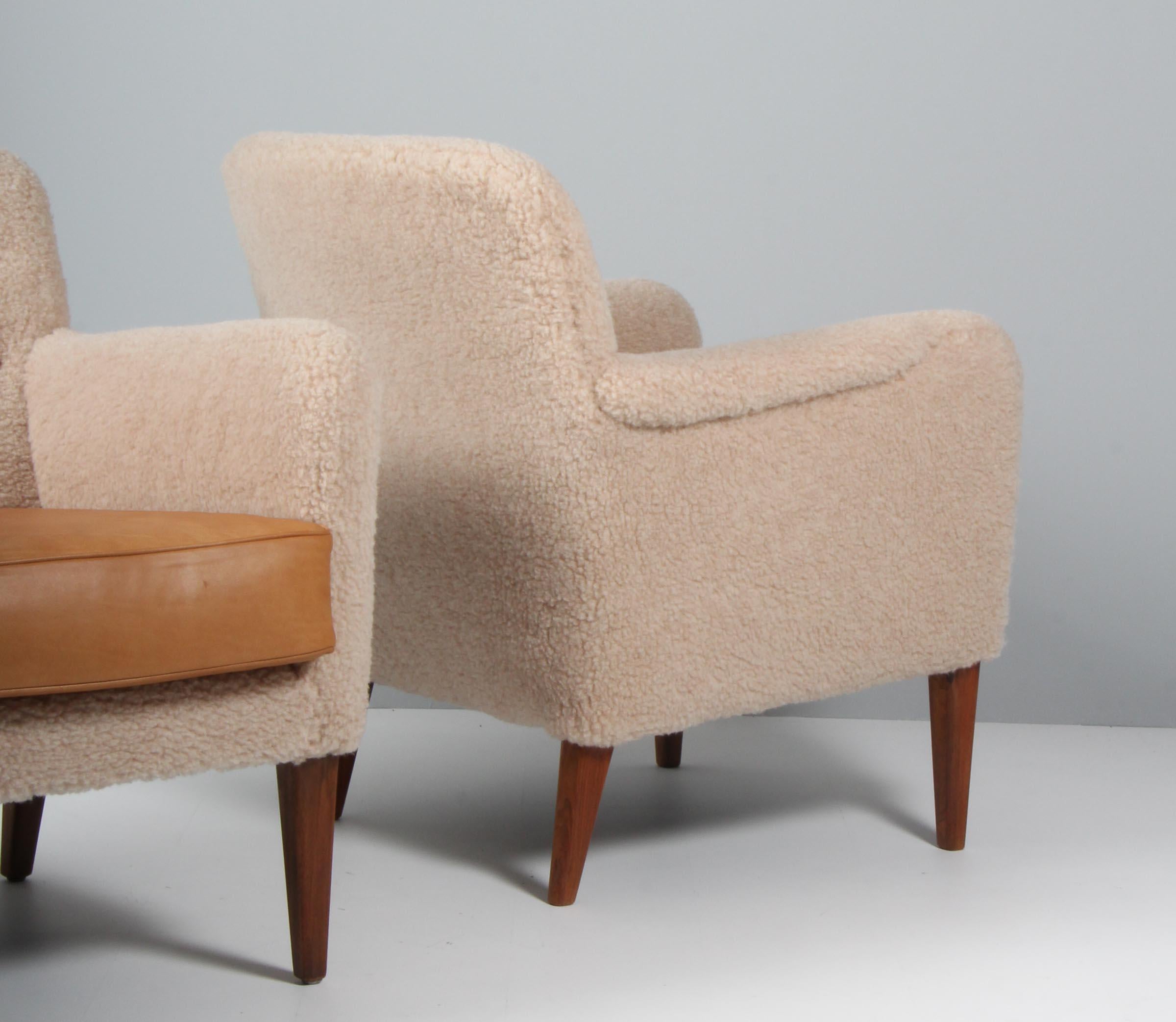 Danish Cabinetmaker, Lounge Chairs Lambwool and Aniline Leather, 1940s 4