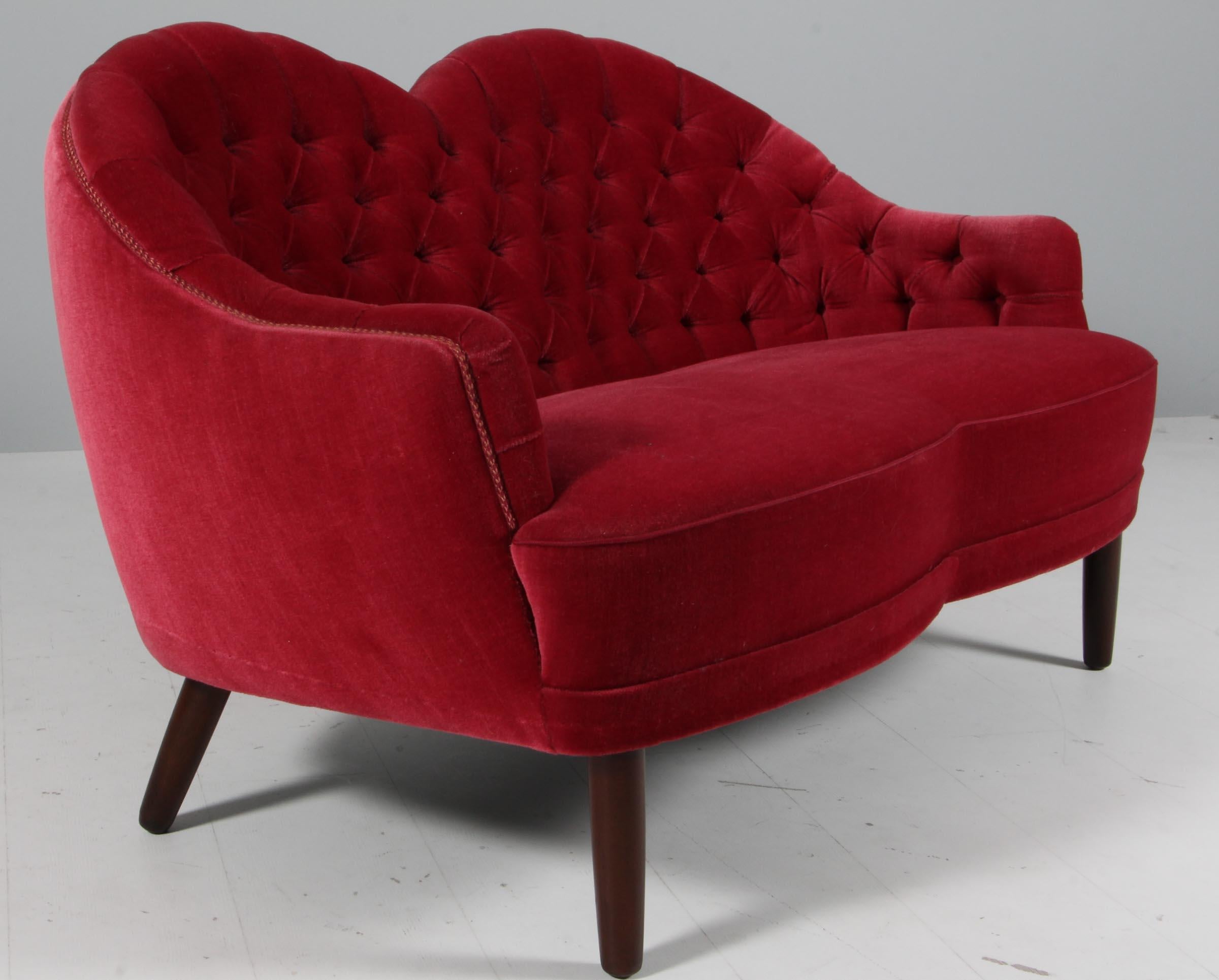 Danish cabinetmaker loveseat sofa, red velvet. Denmark 1940s In Good Condition In Esbjerg, DK