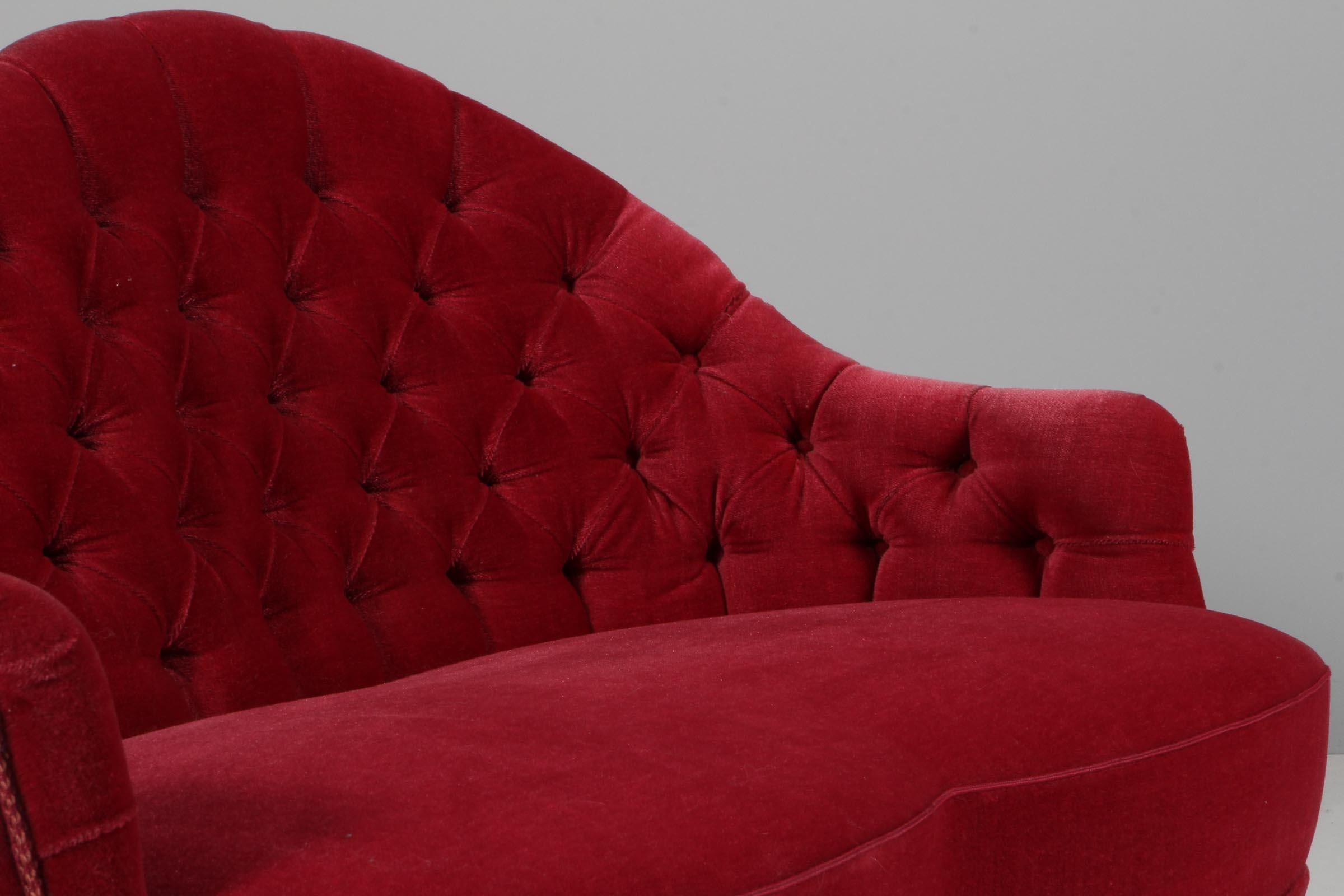 Mid-20th Century Danish cabinetmaker loveseat sofa, red velvet. Denmark 1940s
