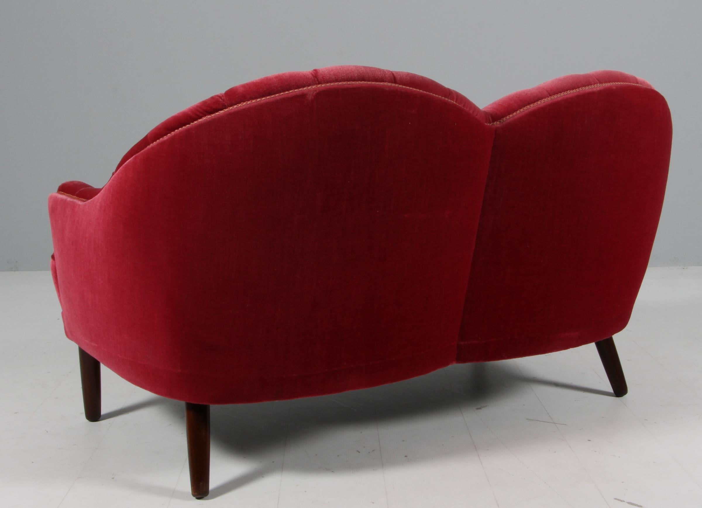 Velvet Danish cabinetmaker loveseat sofa, red velvet. Denmark 1940s