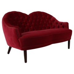 Danish cabinetmaker loveseat sofa, red velvet. Denmark 1940s