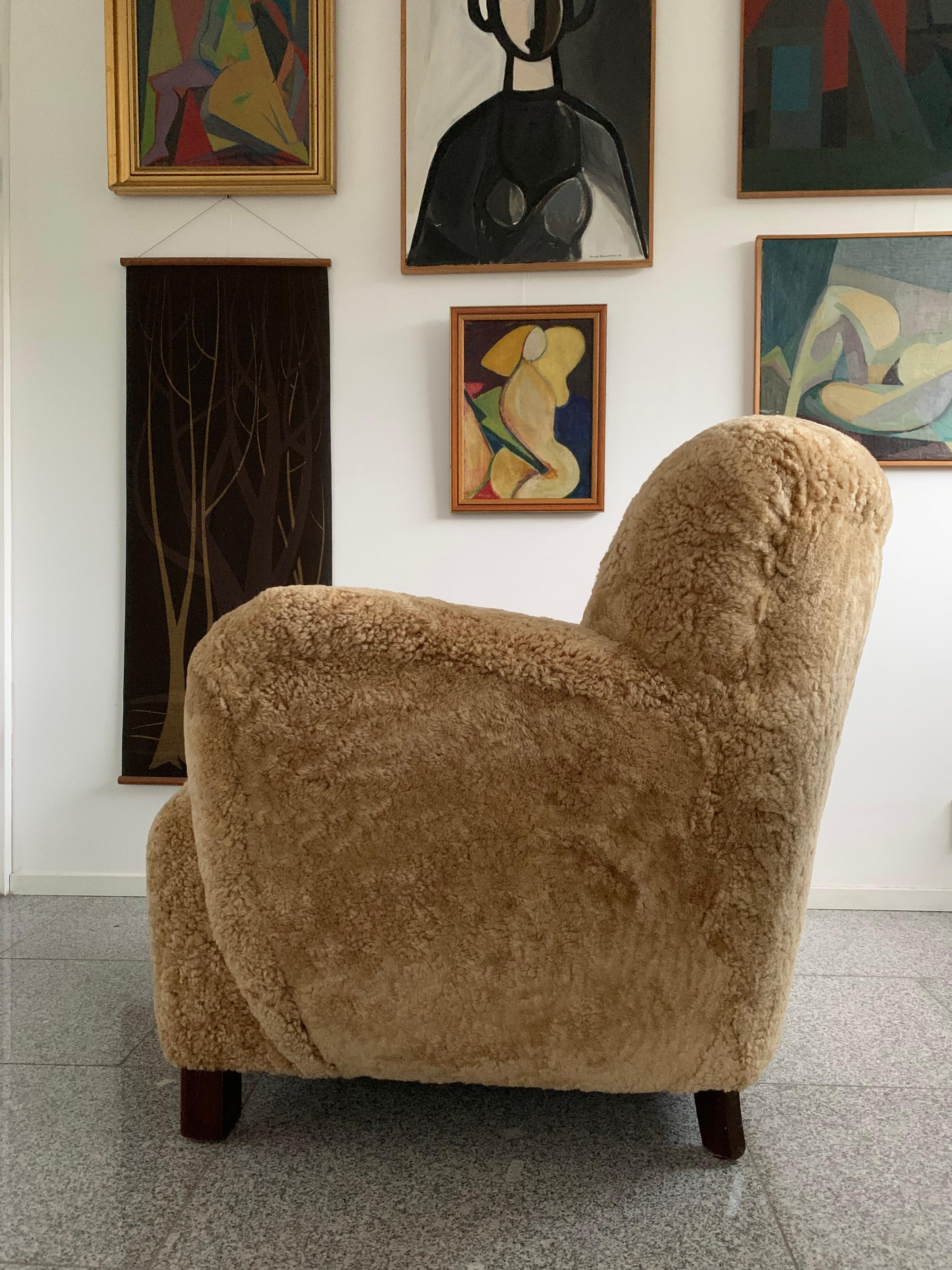 Mid-20th Century Danish Cabinetmaker Maple Shearling - Sheepskin 1940's Lounge Chair