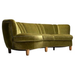 Danish Cabinetmaker, Mid-Century Modern Curved Banana Sofa, Beech, Green Velvet