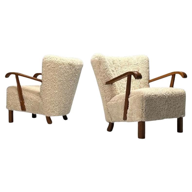 Dänischer Schreiner, Mid-Century Modern, Loungesessel, Shearling, Buche, 1940er Jahre