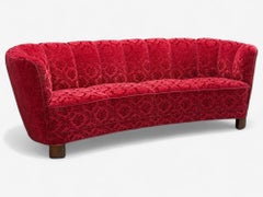 Danish Cabinetmaker, Oak, Fabric, Curved Banana Sofa, Denmark, 1960s