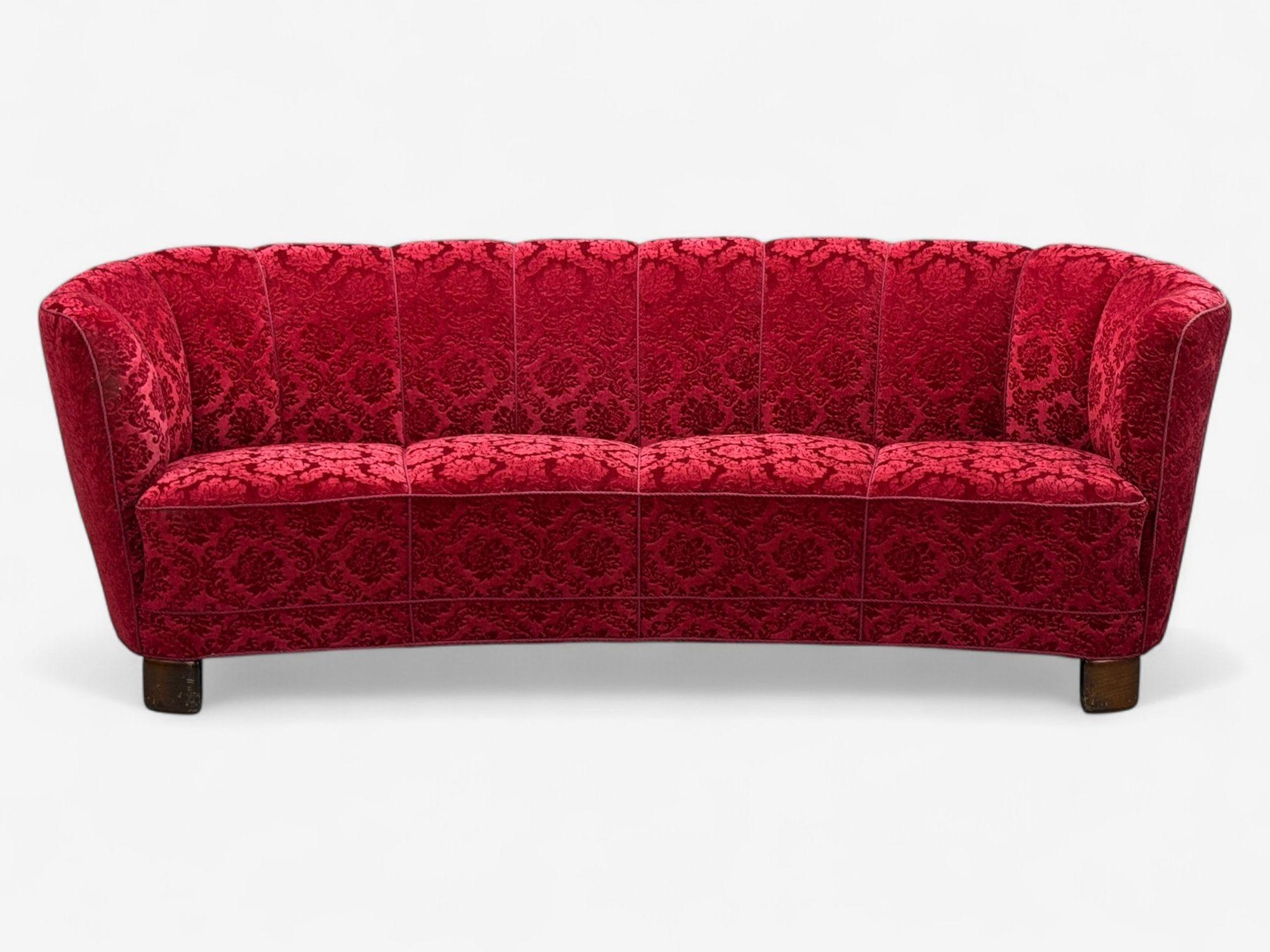 Dänische Tischlerei, Eiche, Stoff, geschwungenes Bananensofa, Dänemark, 1960er (Moderne der Mitte des Jahrhunderts) im Angebot