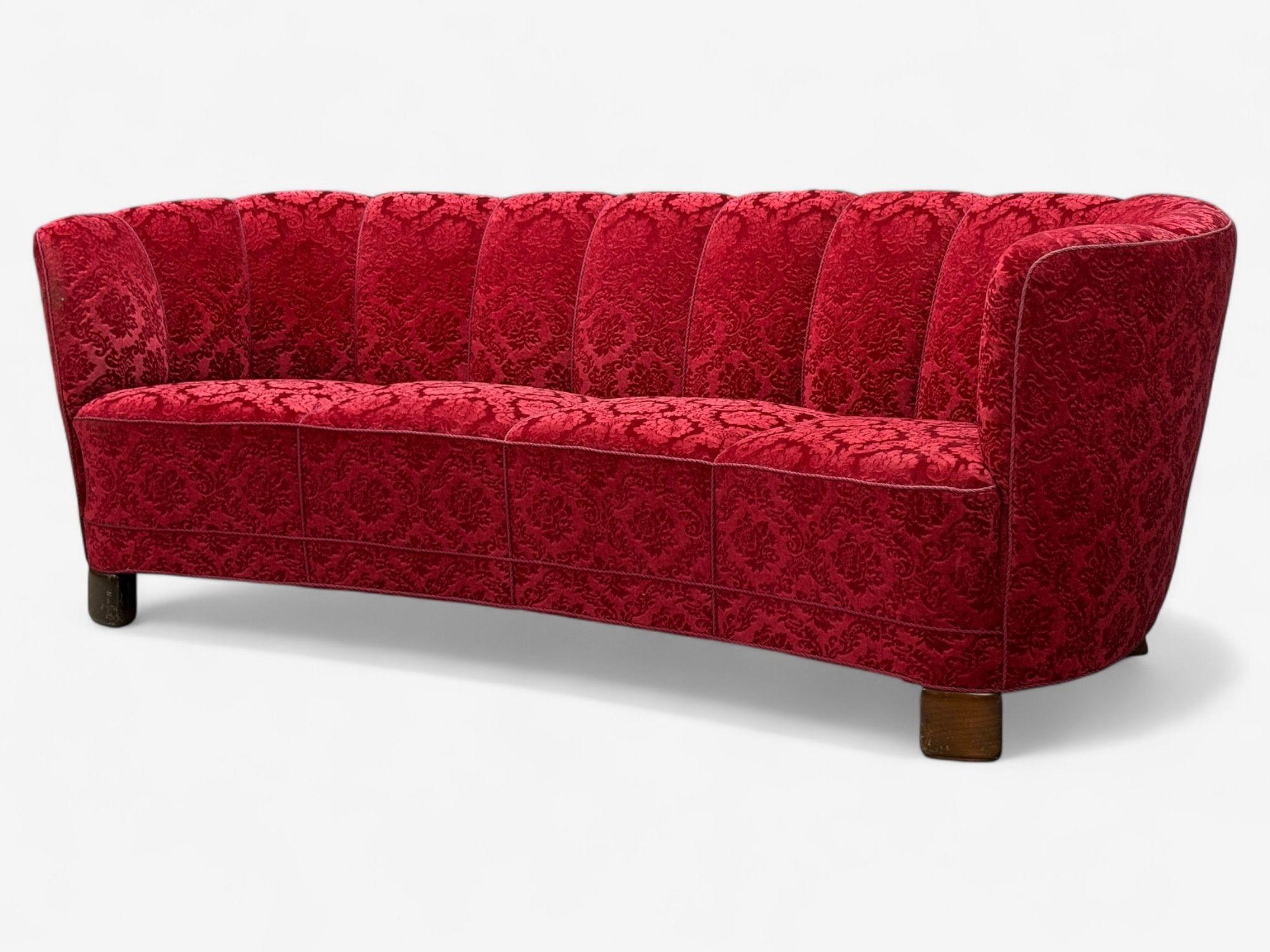 Dänische Tischlerei, Eiche, Stoff, geschwungenes Bananensofa, Dänemark, 1960er im Zustand „Gut“ im Angebot in Manhasset, NY