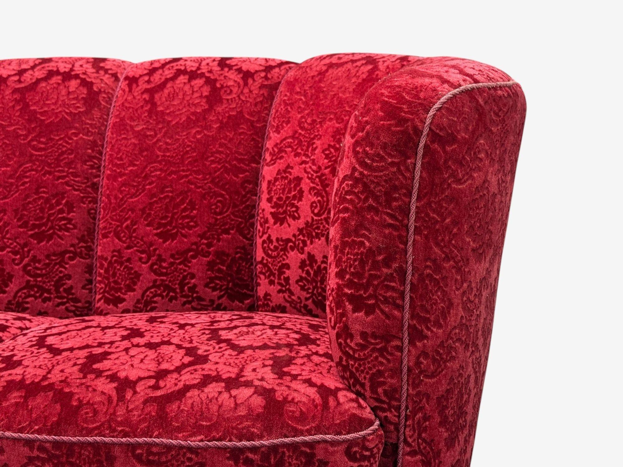 Dänische Tischlerei, Eiche, Stoff, geschwungenes Bananensofa, Dänemark, 1960er (Mitte des 20. Jahrhunderts) im Angebot
