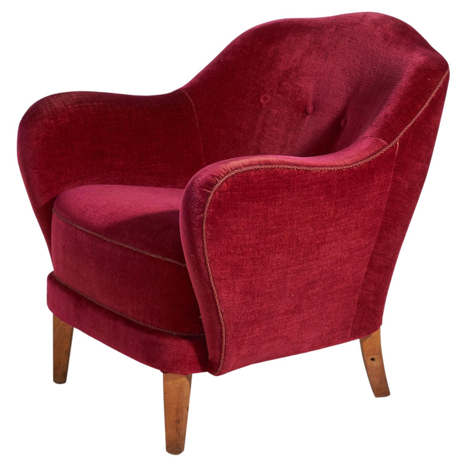 Danish Designer, Lounge Chair, Red Velvet, Beech, Denmark, 1940s