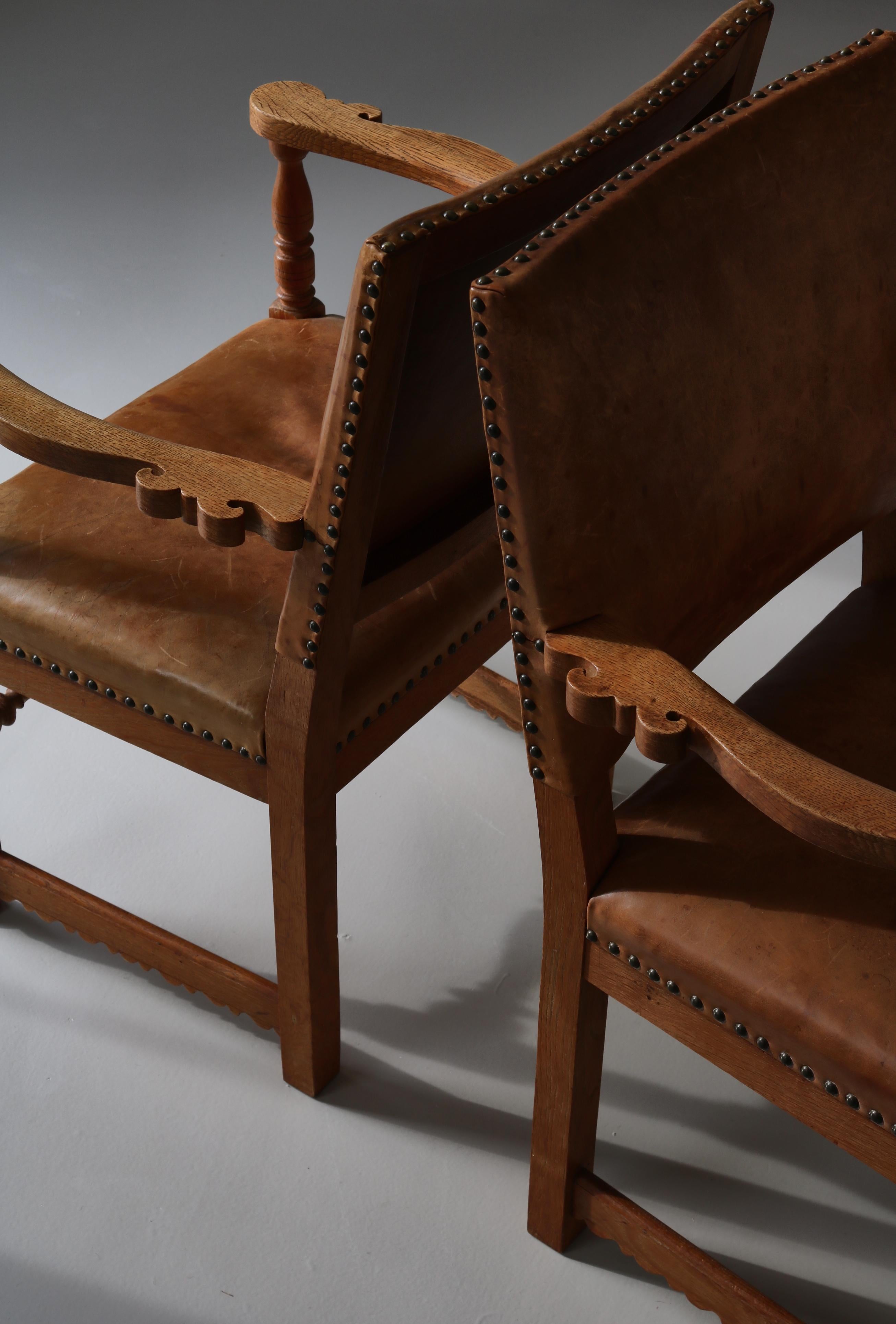 Master Cabinetmaker Lars Møller Armchairs in Solid Oak & Leather, Denmark, 1935 For Sale 5