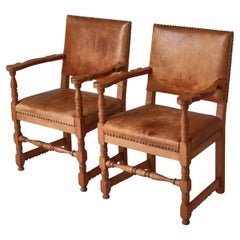 Master Cabinetmaker Lars Møller Armchairs in Solid Oak & Leather, Denmark, 1935