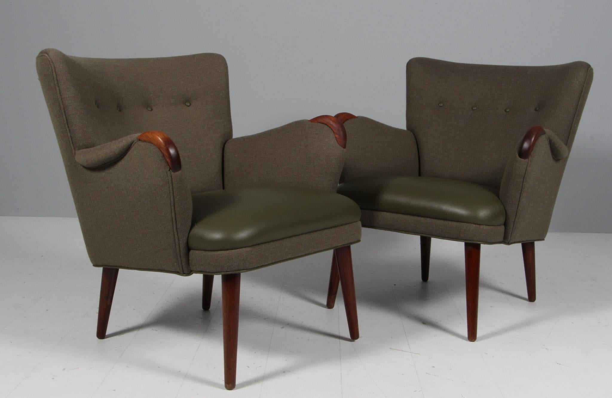 Danish Cabinetmaker pair of lounge chairs, wool, leather and teak. Denmark 1960s