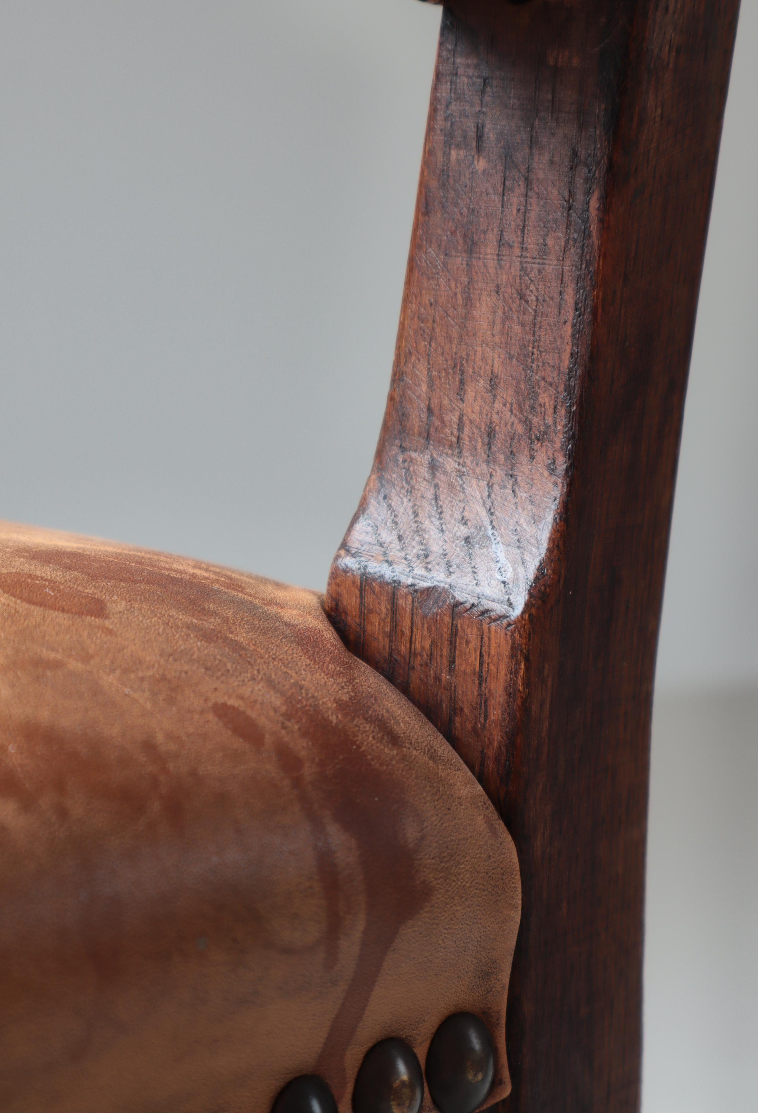 Danish Cabinetmaker Patinated Leather & Oakwood Dining Chairs, 1940s For Sale 7