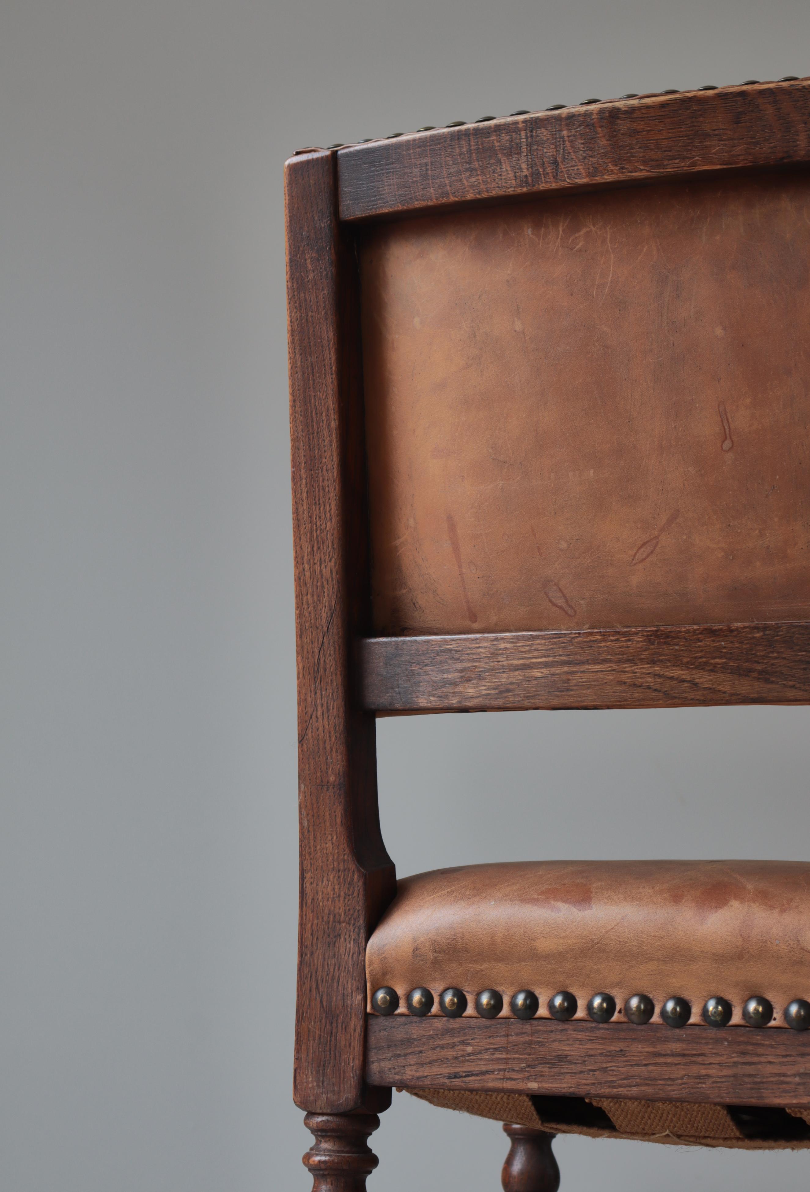 Danish Cabinetmaker Patinated Leather & Oakwood Dining Chairs, 1940s For Sale 9