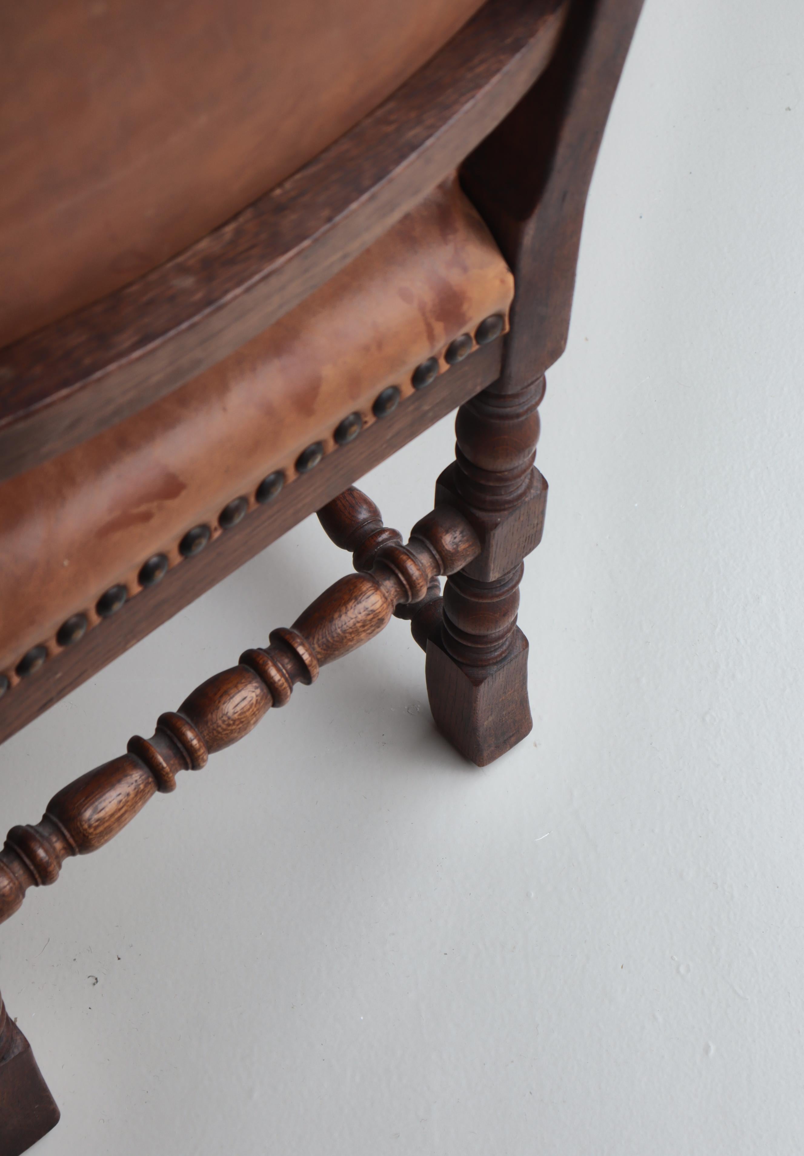 Danish Cabinetmaker Patinated Leather & Oakwood Dining Chairs, 1940s For Sale 13