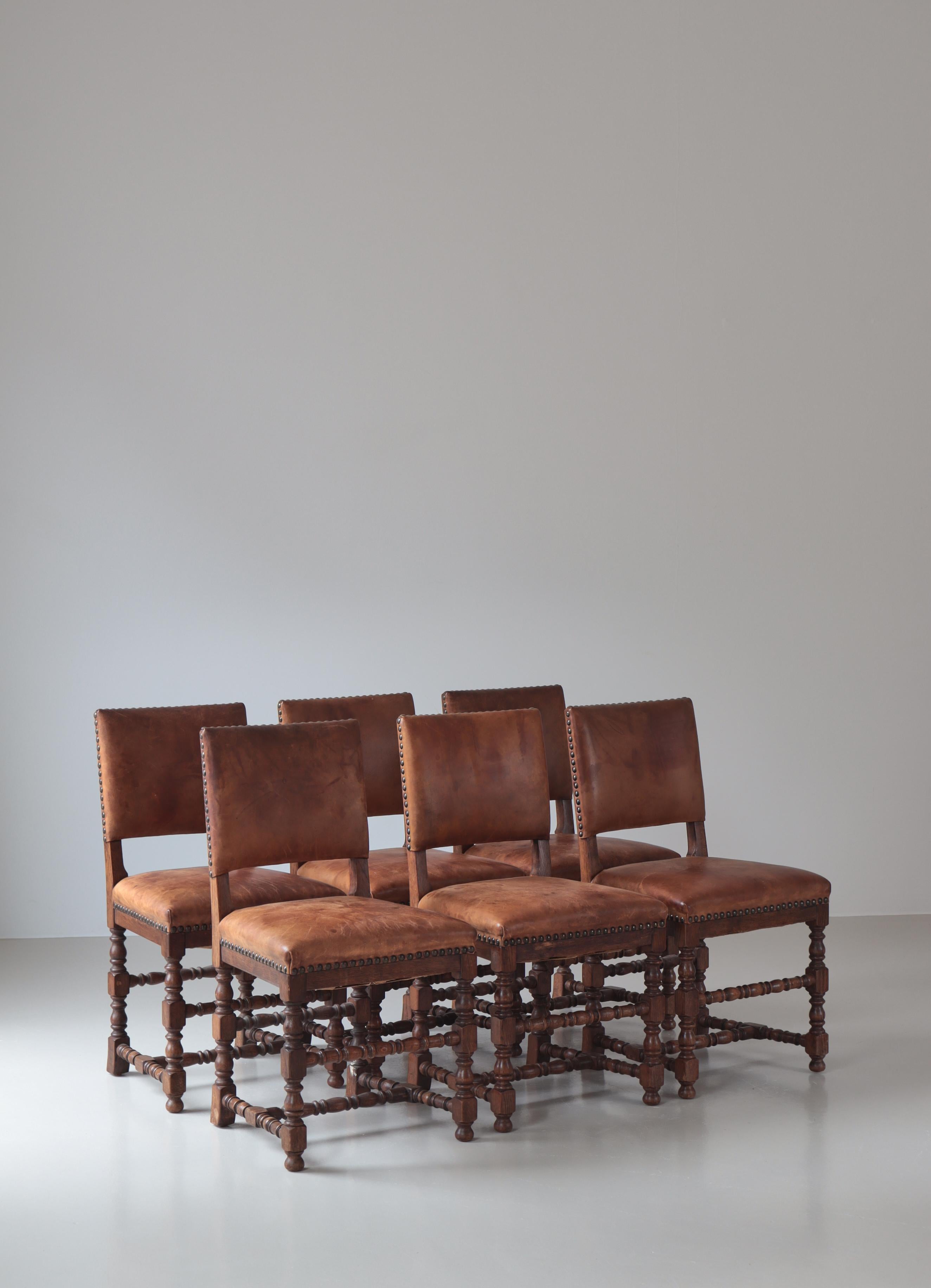 Other Danish Cabinetmaker Patinated Leather & Oakwood Dining Chairs, 1940s For Sale