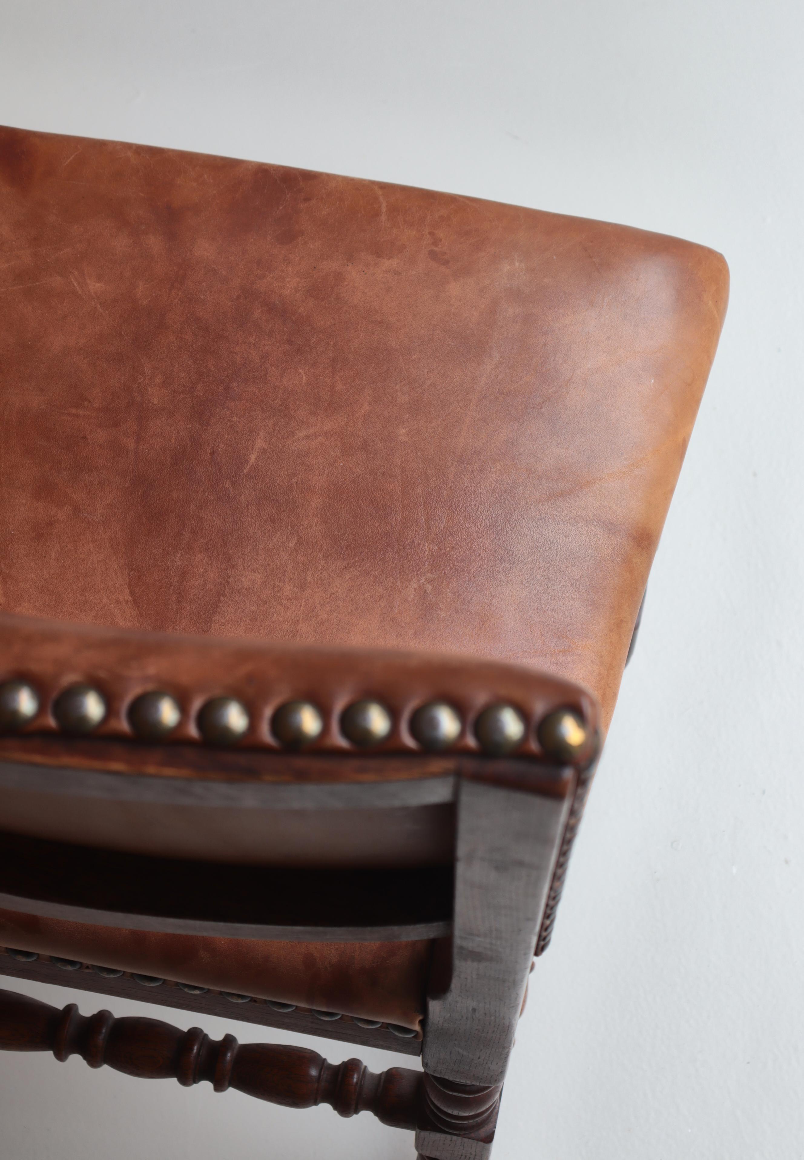 Danish Cabinetmaker Patinated Leather & Oakwood Dining Chairs, 1940s For Sale 1