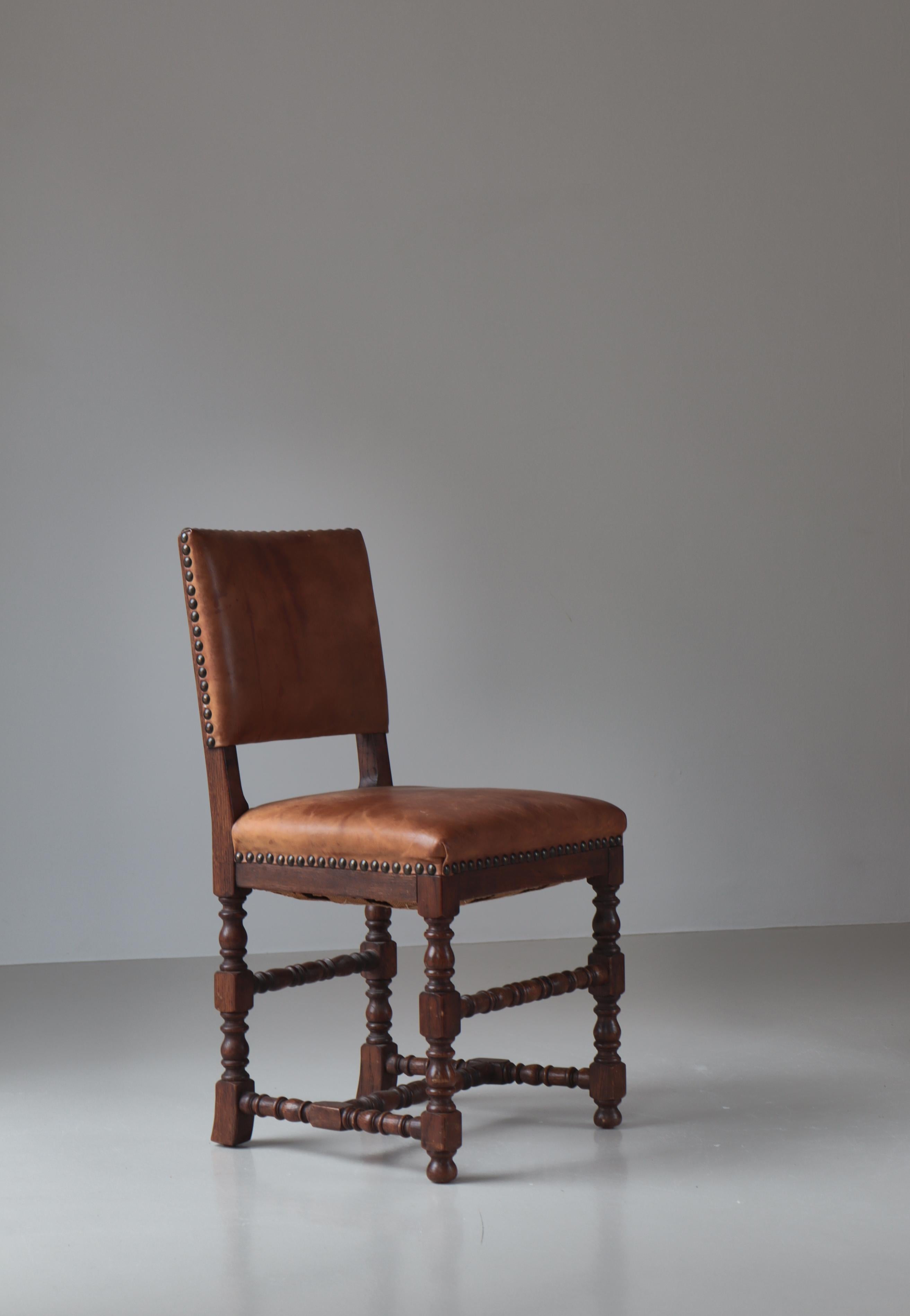 Danish Cabinetmaker Patinated Leather & Oakwood Dining Chairs, 1940s For Sale 4