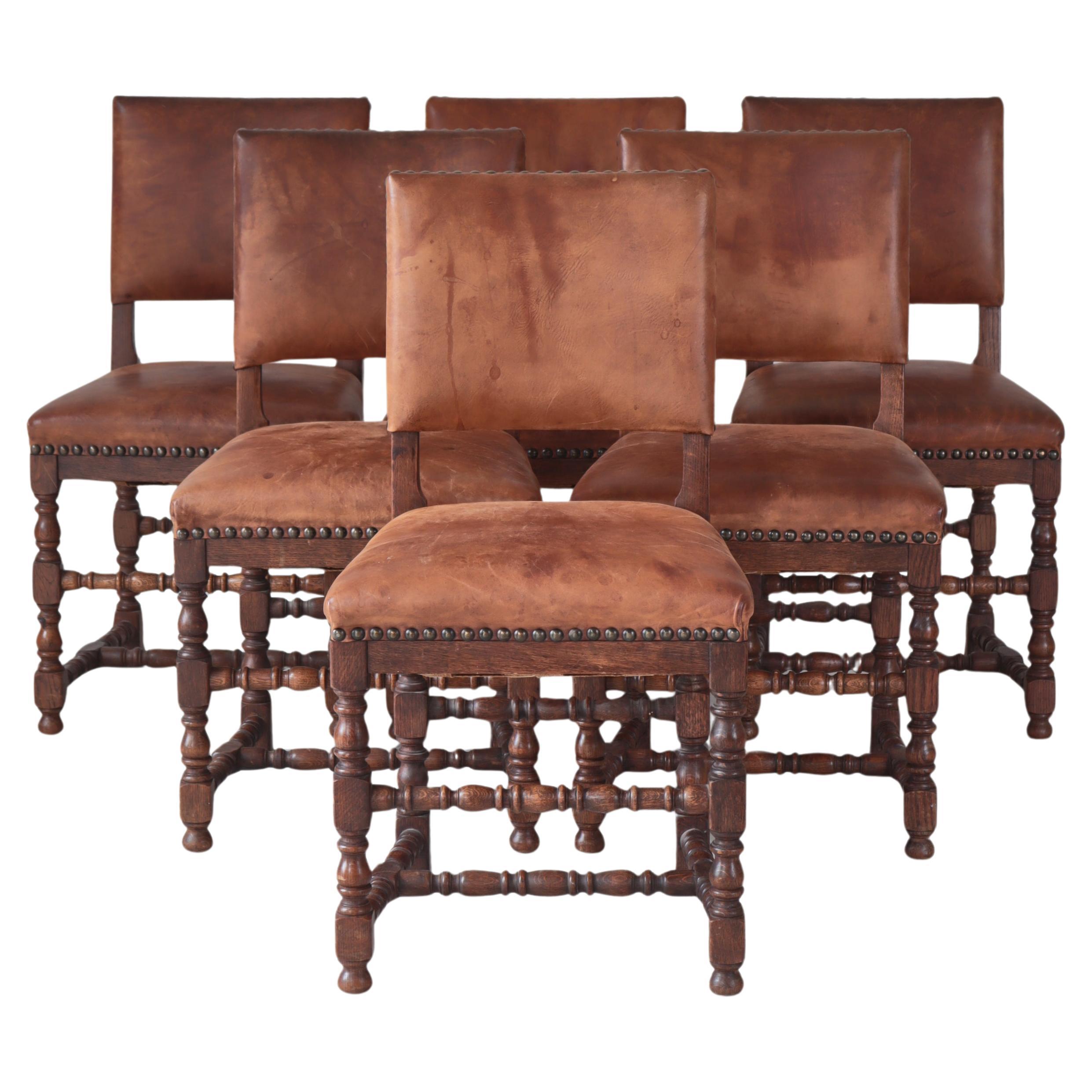 Danish Cabinetmaker Patinated Leather & Oakwood Dining Chairs, 1940s For Sale