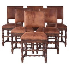 Danish Cabinetmaker Patinated Leather & Oakwood Dining Chairs, 1940s