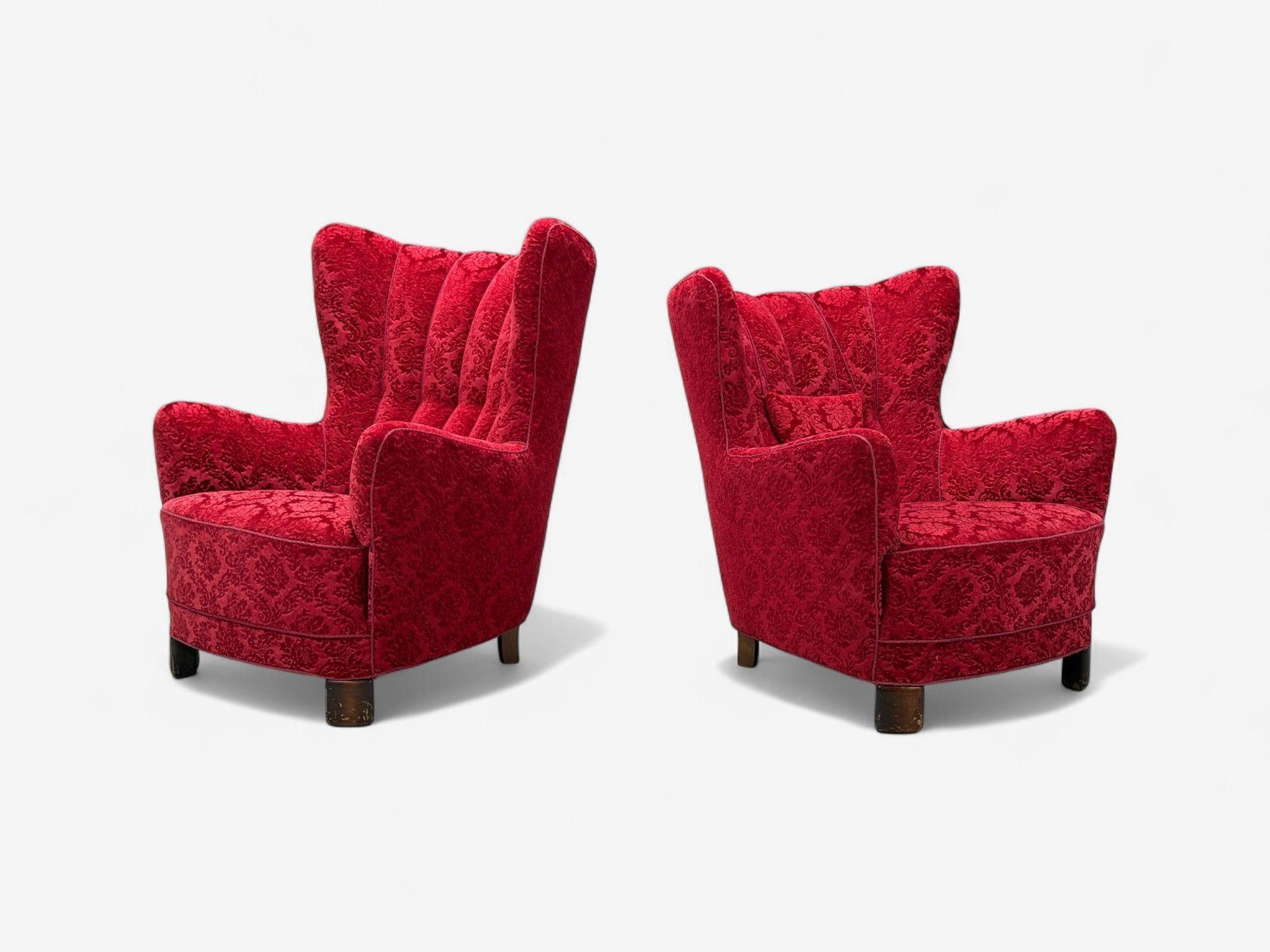 Danish Cabinetmaker, Red Damask, Wood, Lounge Chair, Denmark, 1950s For Sale 4