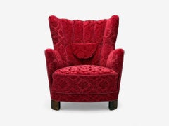 Danish Cabinetmaker, Red Damask, Wood, Lounge Chair, Denmark, 1950s