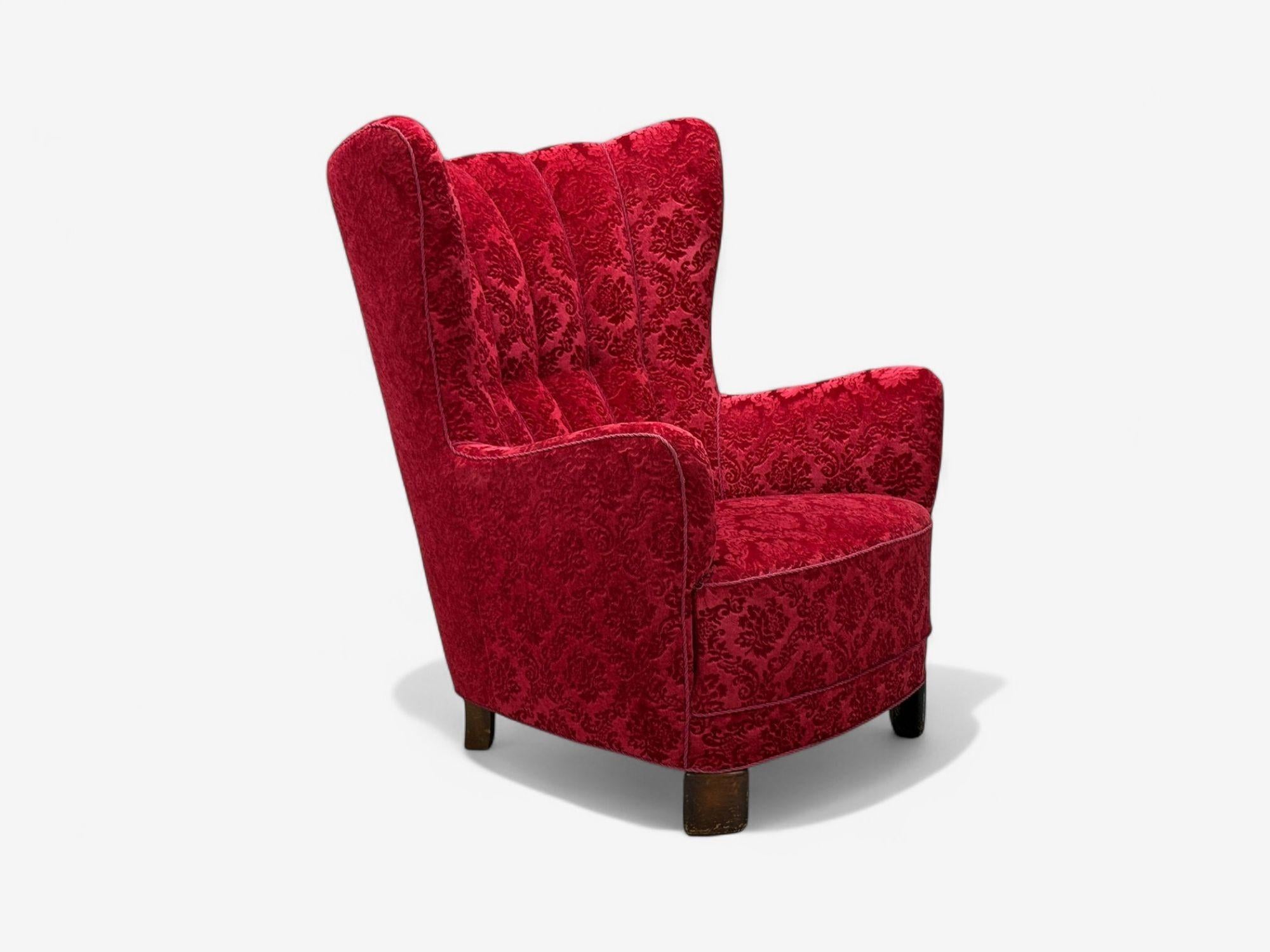 Mid-Century Modern Danish Cabinetmaker, Red Damask, Wood, Lounge Chair, Denmark, 1950s For Sale