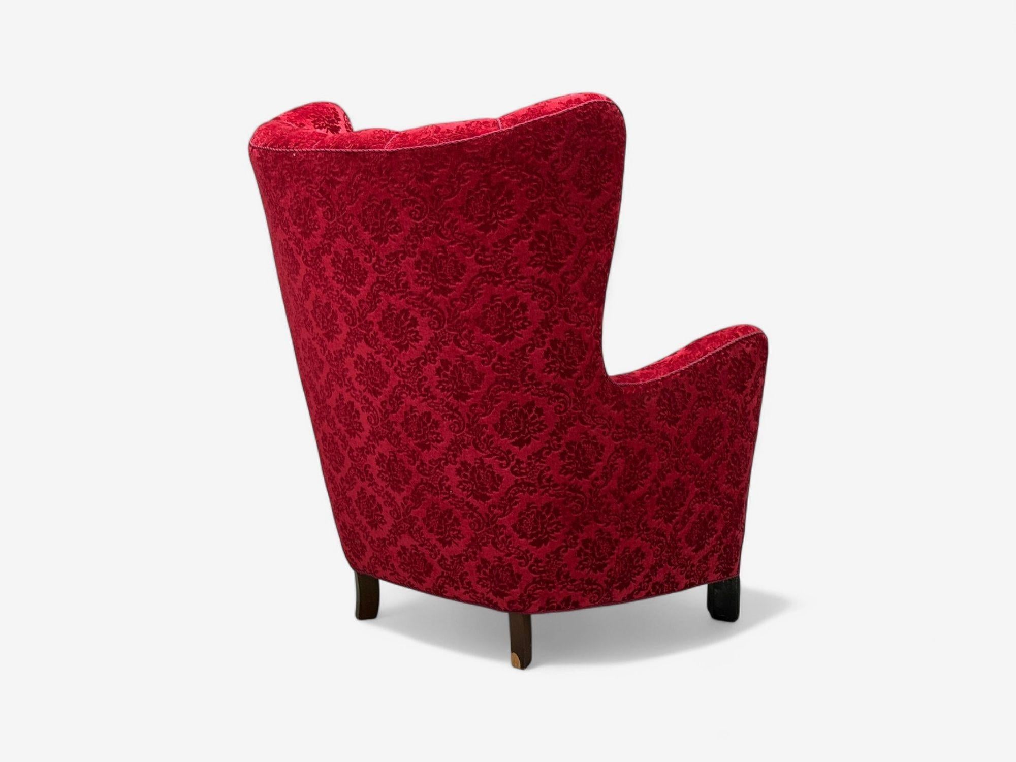 Mid-20th Century Danish Cabinetmaker, Red Damask, Wood, Lounge Chair, Denmark, 1950s For Sale