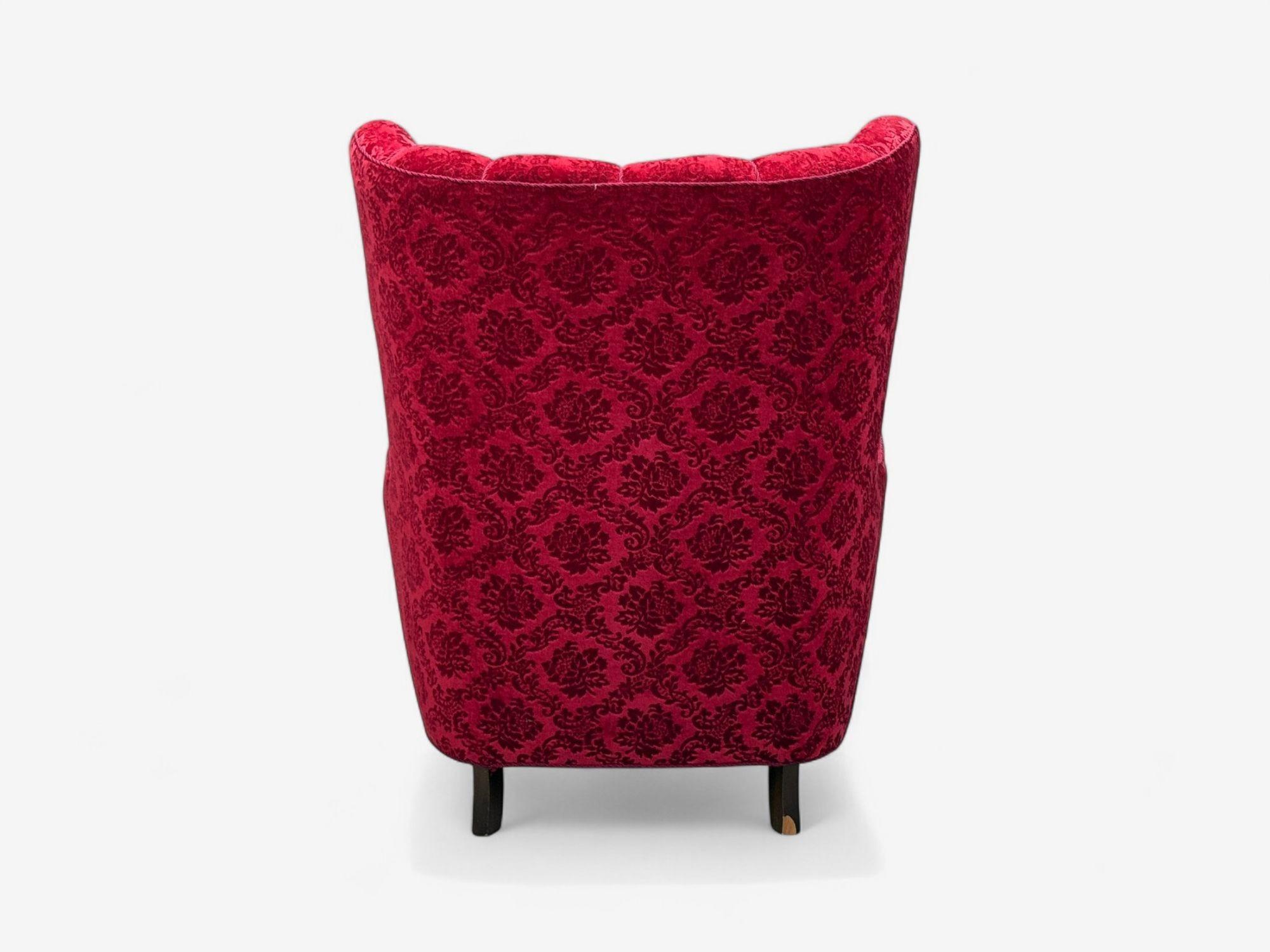 Fabric Danish Cabinetmaker, Red Damask, Wood, Lounge Chair, Denmark, 1950s For Sale
