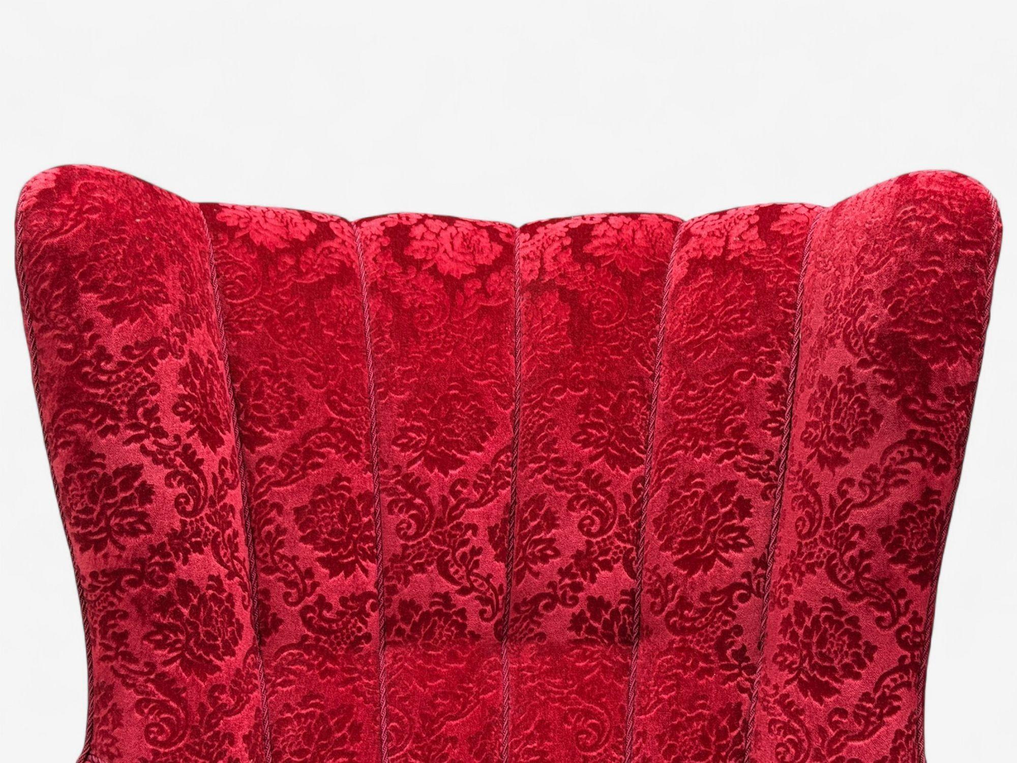 Danish Cabinetmaker, Red Damask, Wood, Lounge Chair, Denmark, 1950s For Sale 1