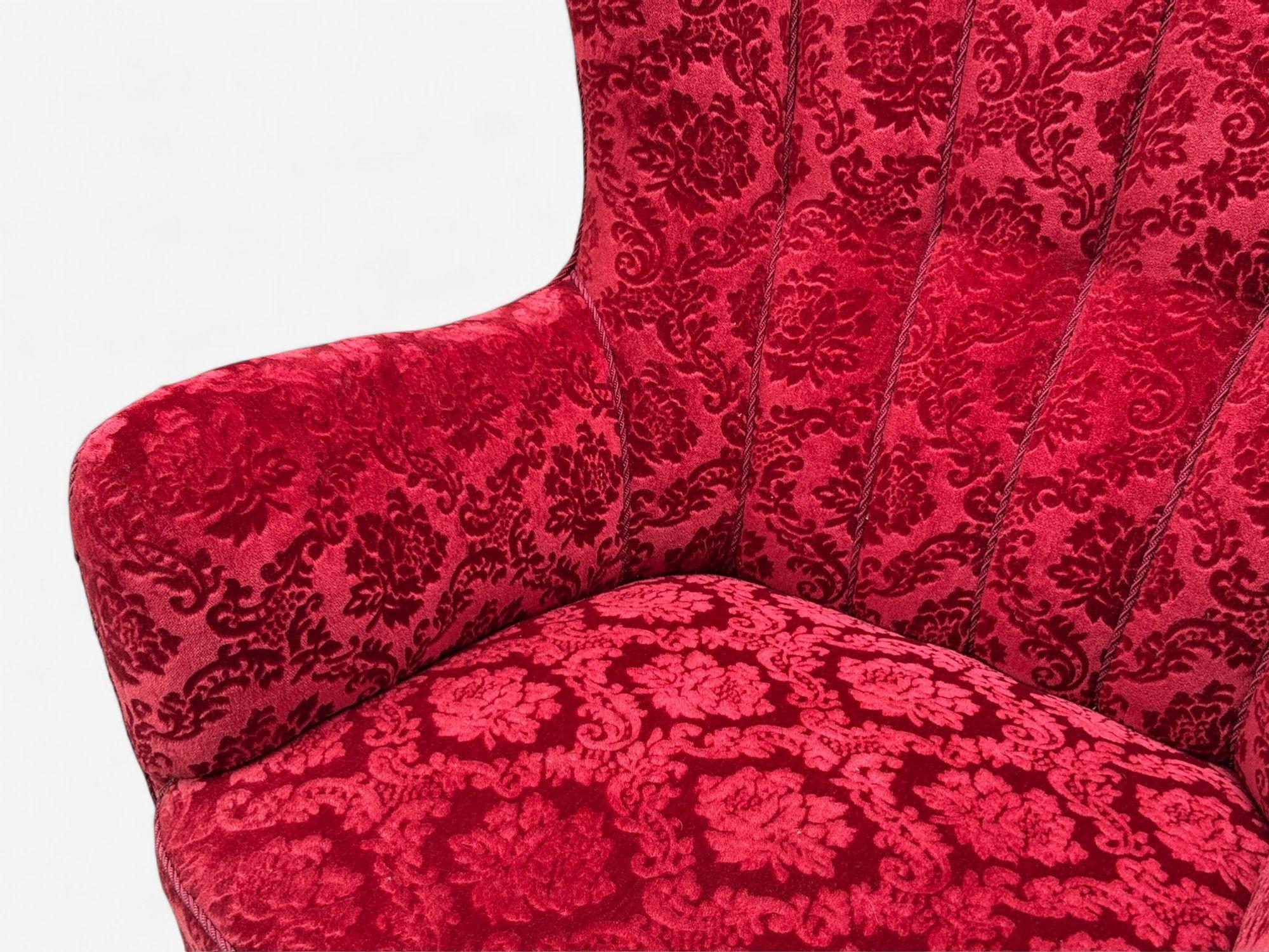 Danish Cabinetmaker, Red Damask, Wood, Lounge Chair, Denmark, 1950s For Sale 2