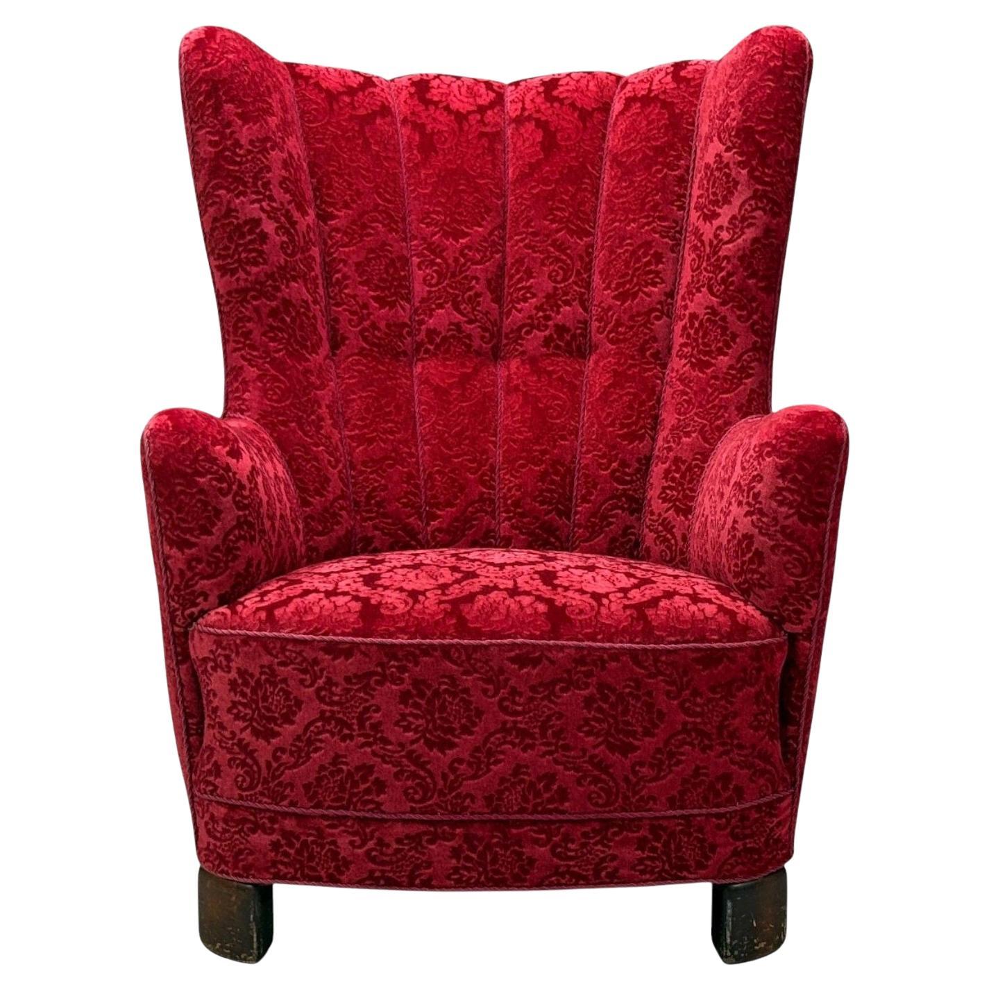 Danish Cabinetmaker, Red Damask, Wood, Lounge Chair, Denmark, 1950s For Sale