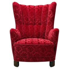 Danish Cabinetmaker, Red Damask, Wood, Lounge Chair, Denmark, 1950s