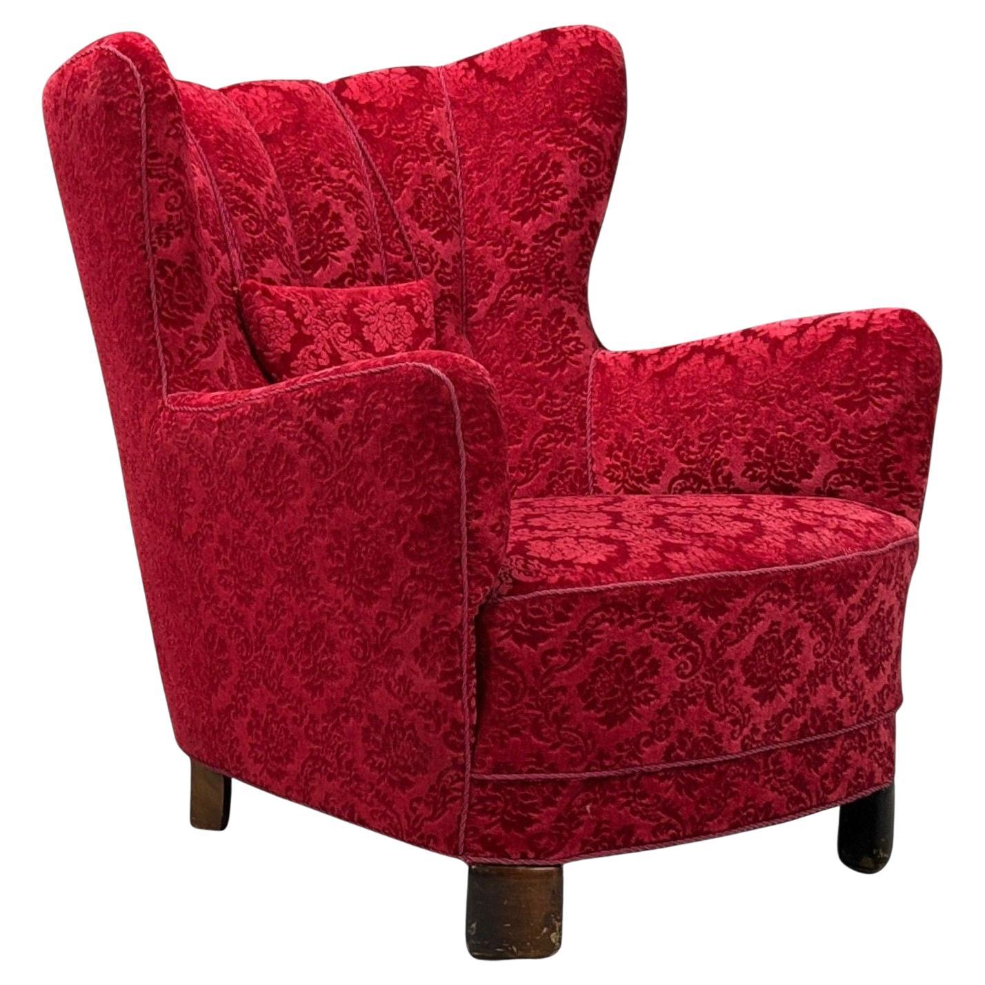 Danish Cabinetmaker, Red Damask, Wood, Lounge Chair, Denmark, 1950s