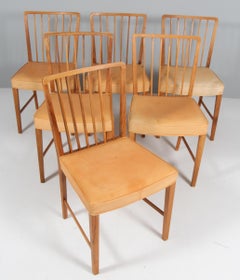 Danish Cabinetmaker, Set of Six Chairs, walnut, nature leather, Denmark 1960s