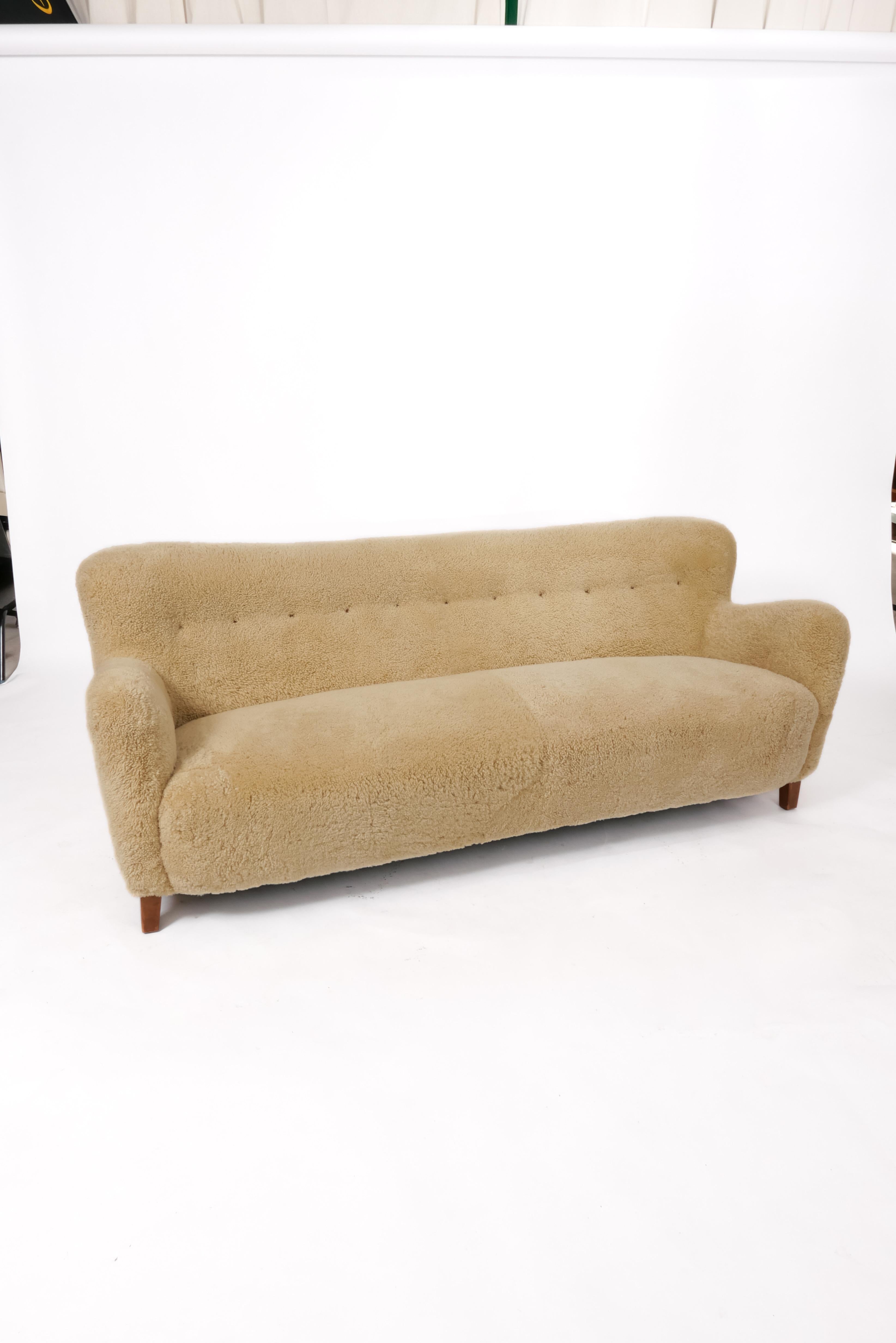Danish Cabinetmaker Shearling Sofa In Good Condition In Portland, OR