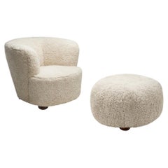 Danish Cabinetmaker Sheepskin Lounge Chair and Ottoman, Denmark 1940s