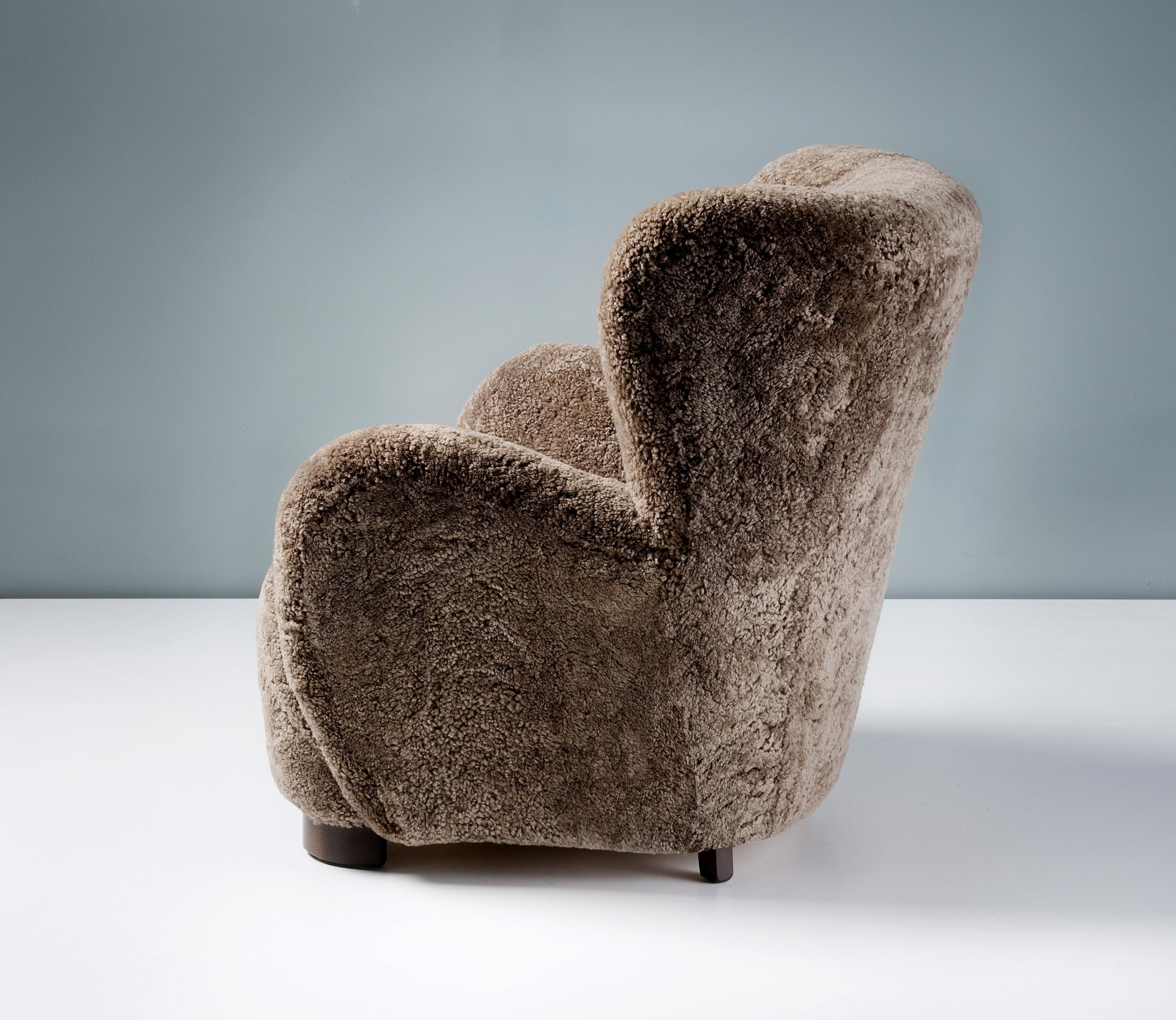 European Danish Cabinetmaker Sheepskin Lounge Chair, c1940s For Sale