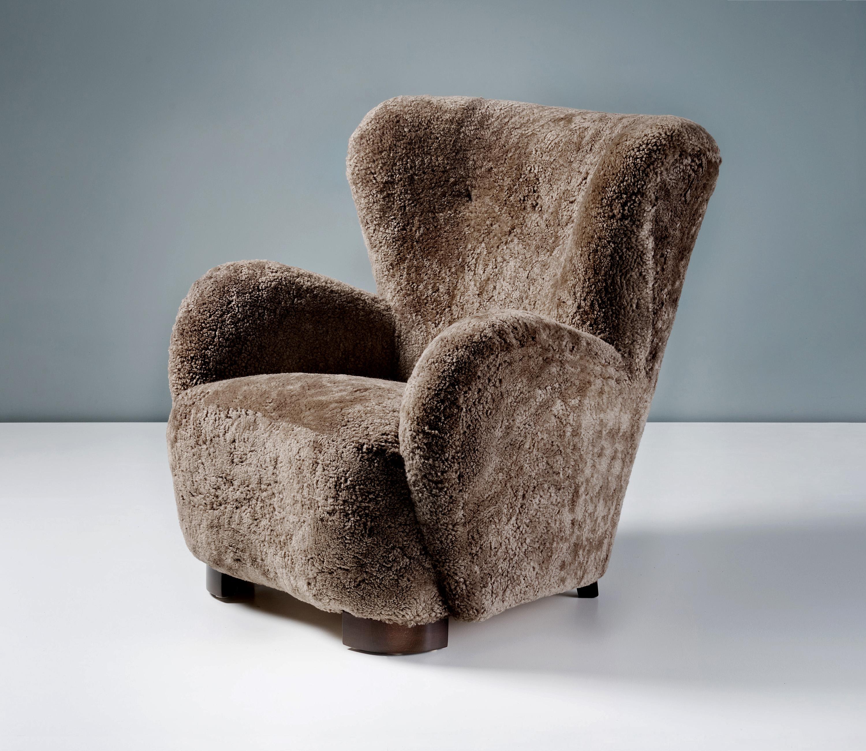 European Danish Cabinetmaker Sheepskin Lounge Chair, c1940s