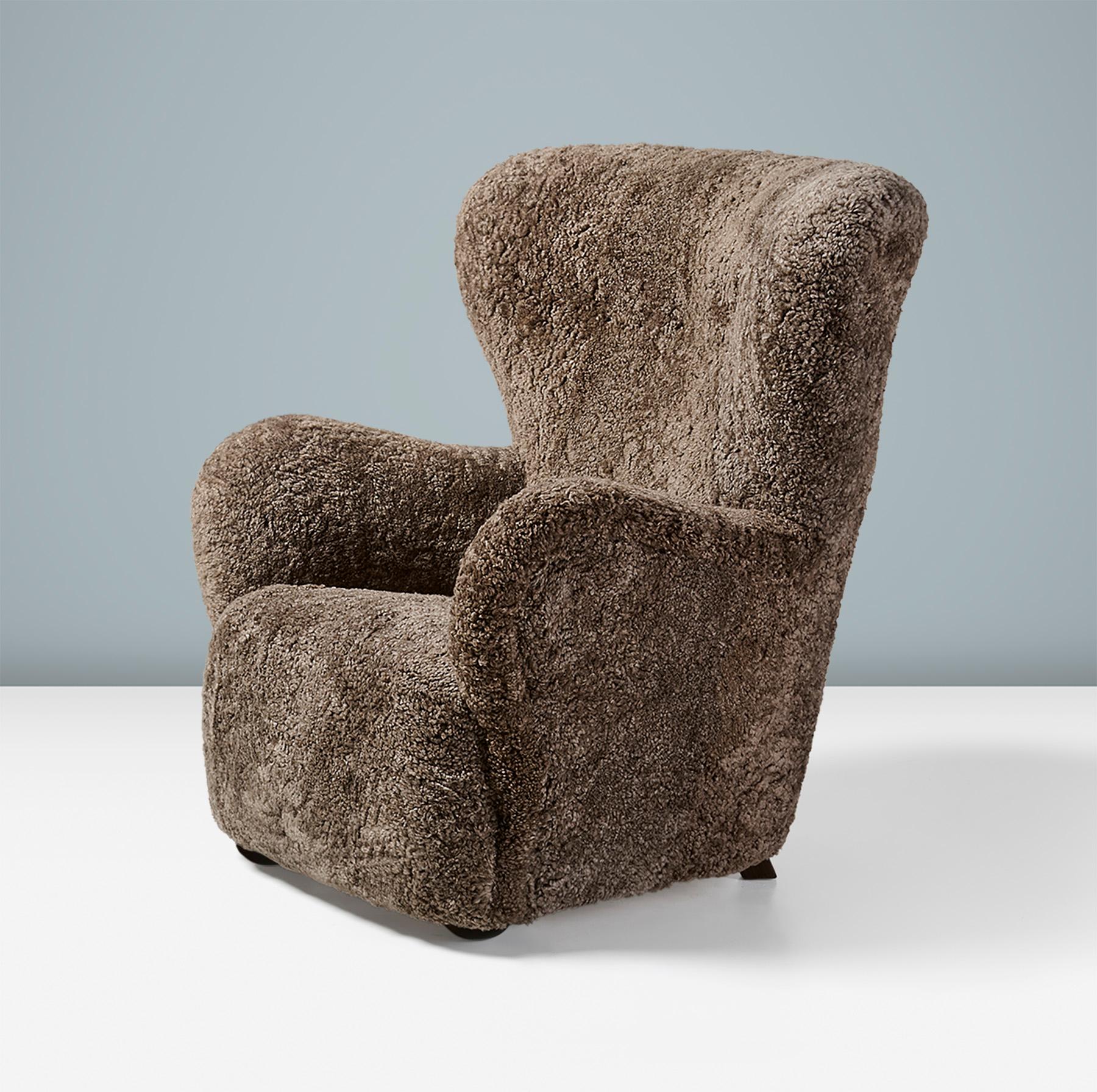 European Danish Cabinetmaker Sheepskin Lounge Chair, c1940s
