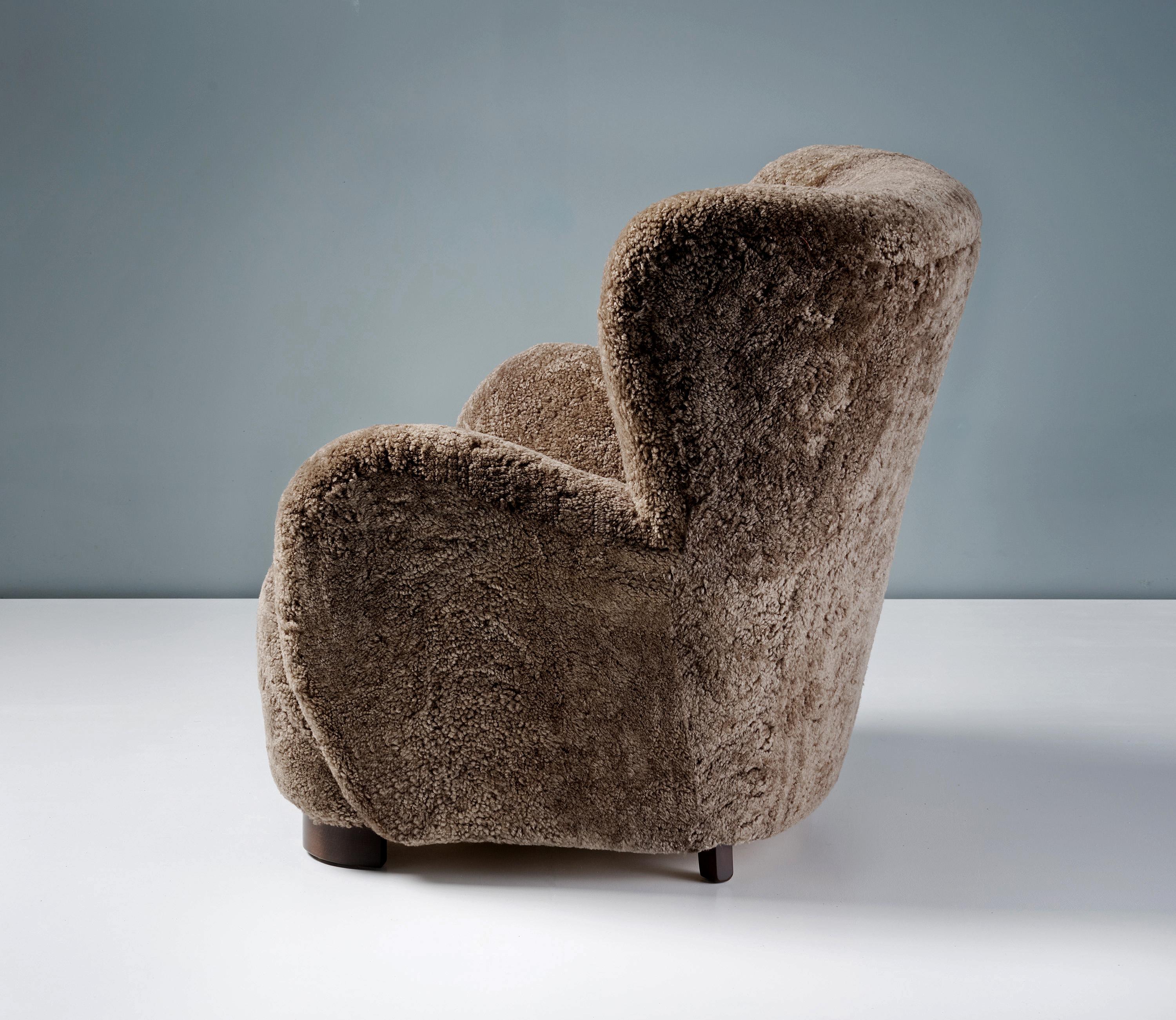 Mid-20th Century Danish Cabinetmaker Sheepskin Lounge Chair, c1940s