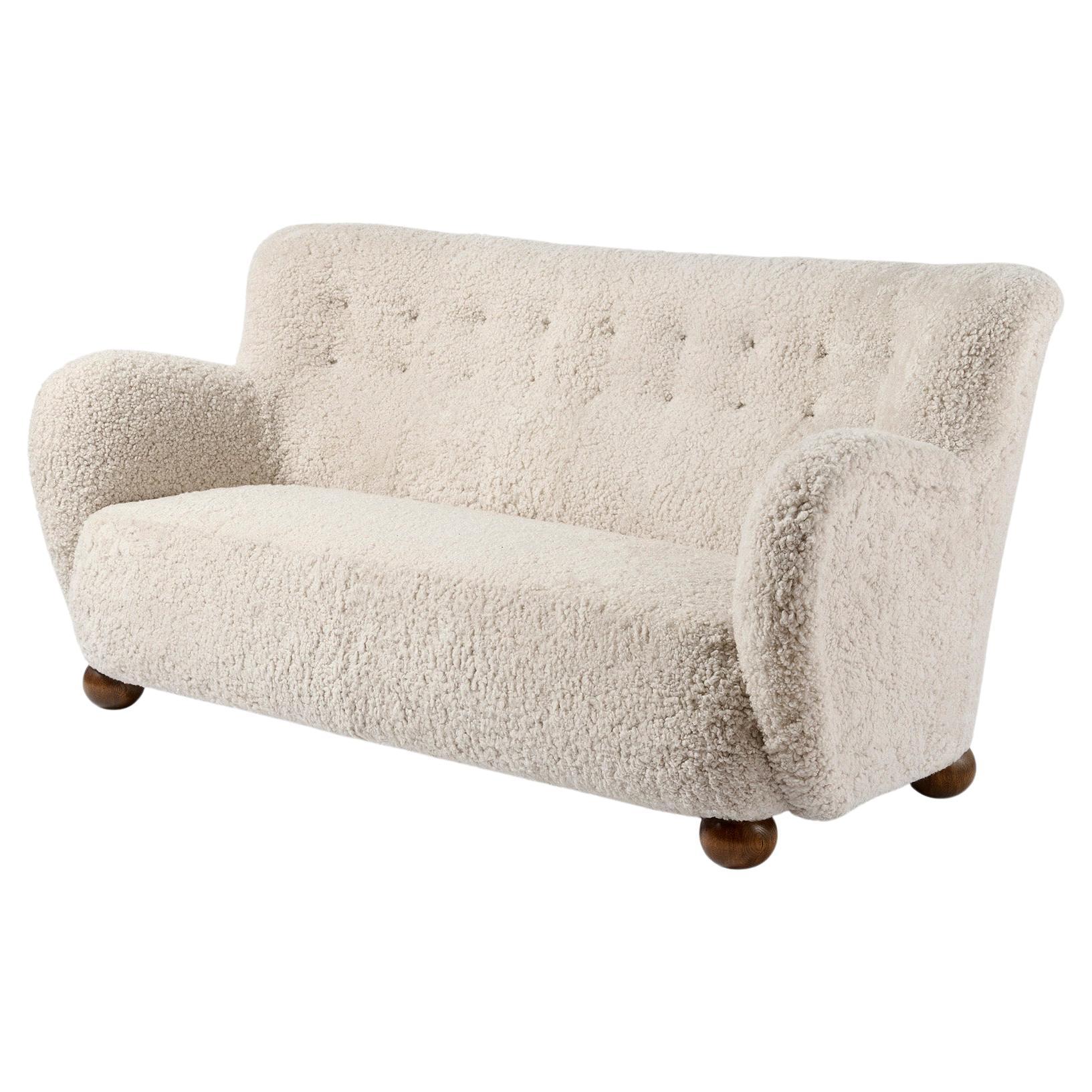 Danish Cabinetmaker Sheepskin Sofa with Ball Feet c1940s