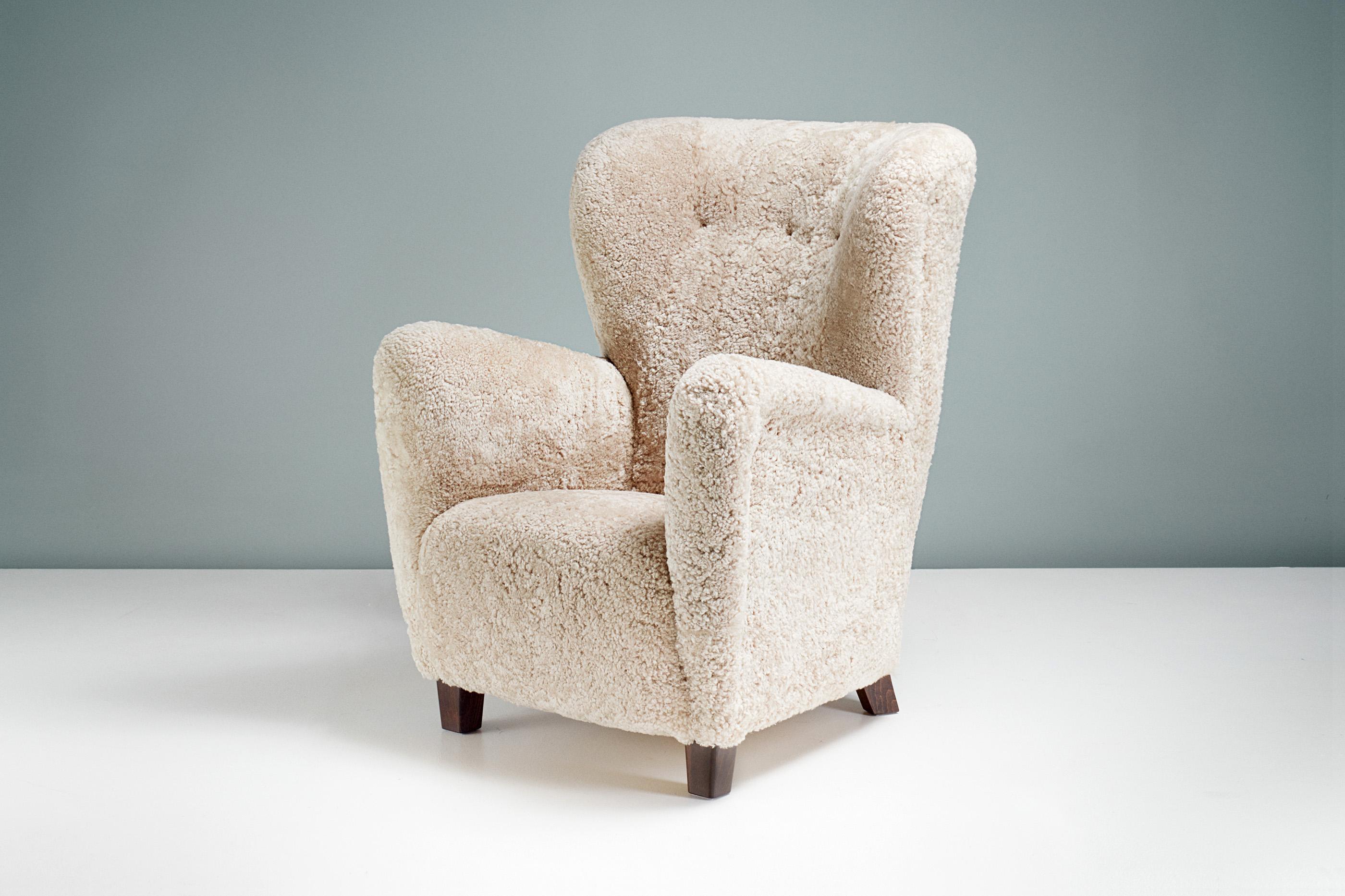 Scandinavian Modern Danish Cabinetmaker Sheepskin Wing Chair, c1940s For Sale