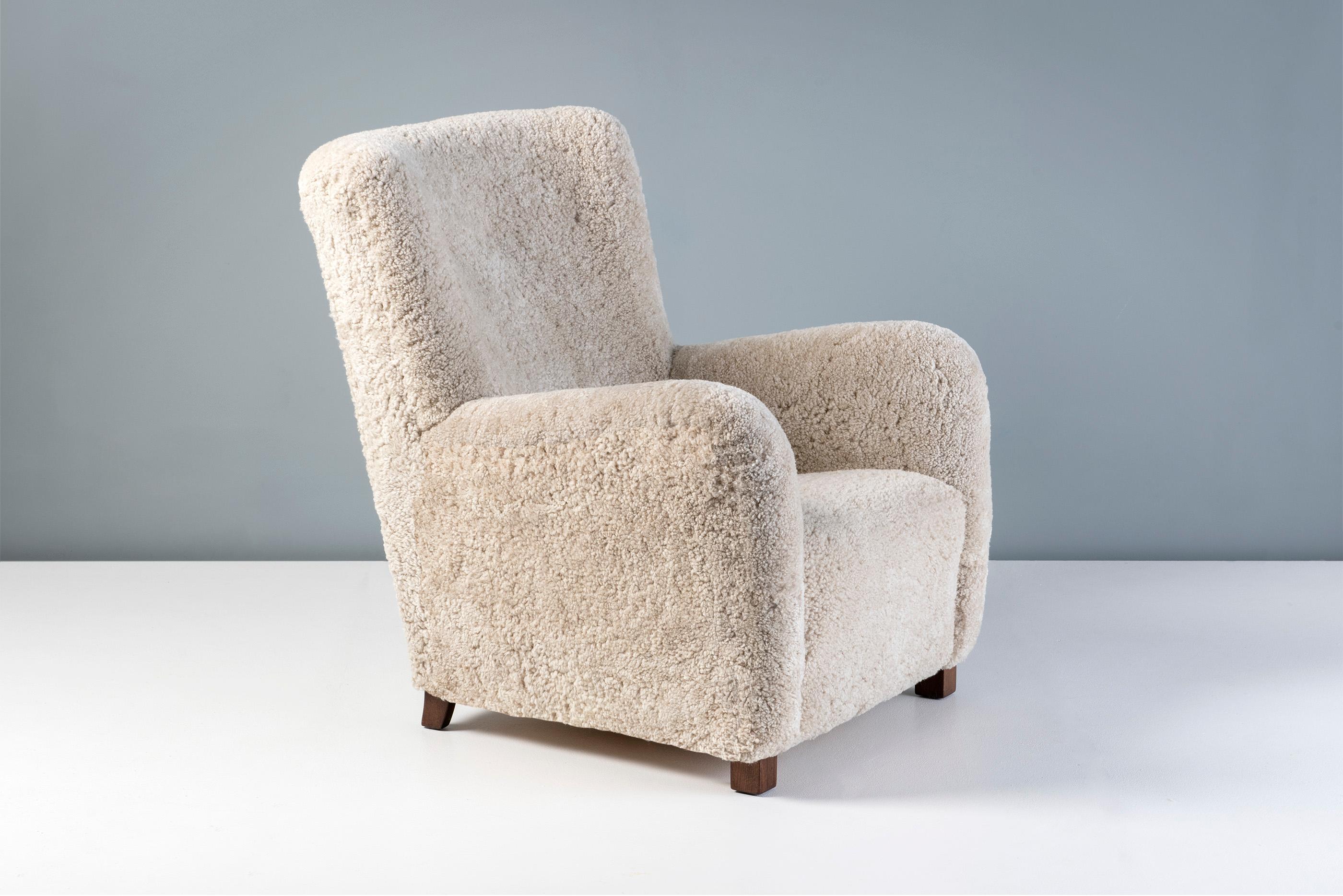 Scandinavian Modern Danish Cabinetmaker Sheepskin Tall Lounge Chair, c1940s For Sale