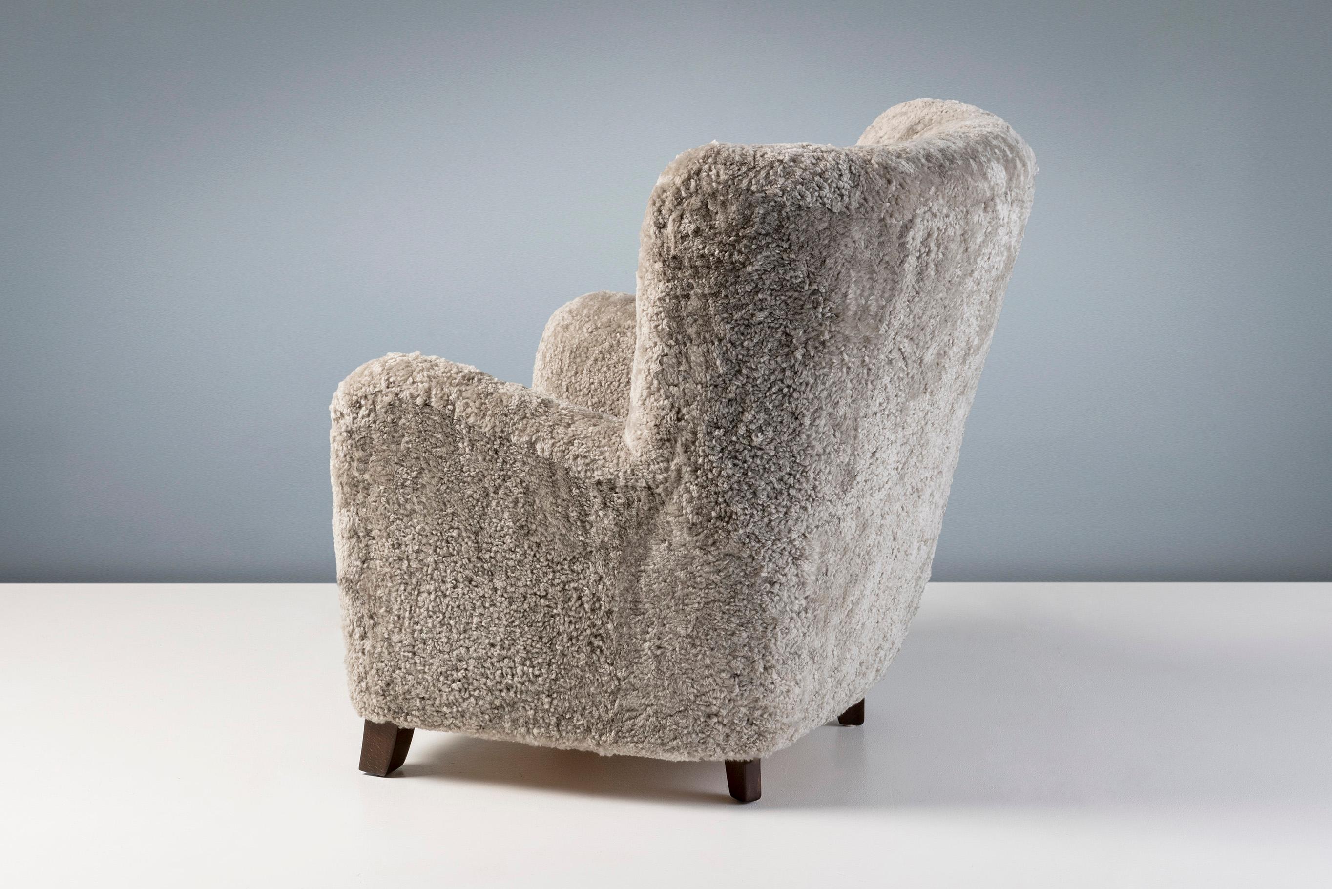 Scandinavian Modern Danish Cabinetmaker Sheepskin Tall Lounge Chair, c1940s