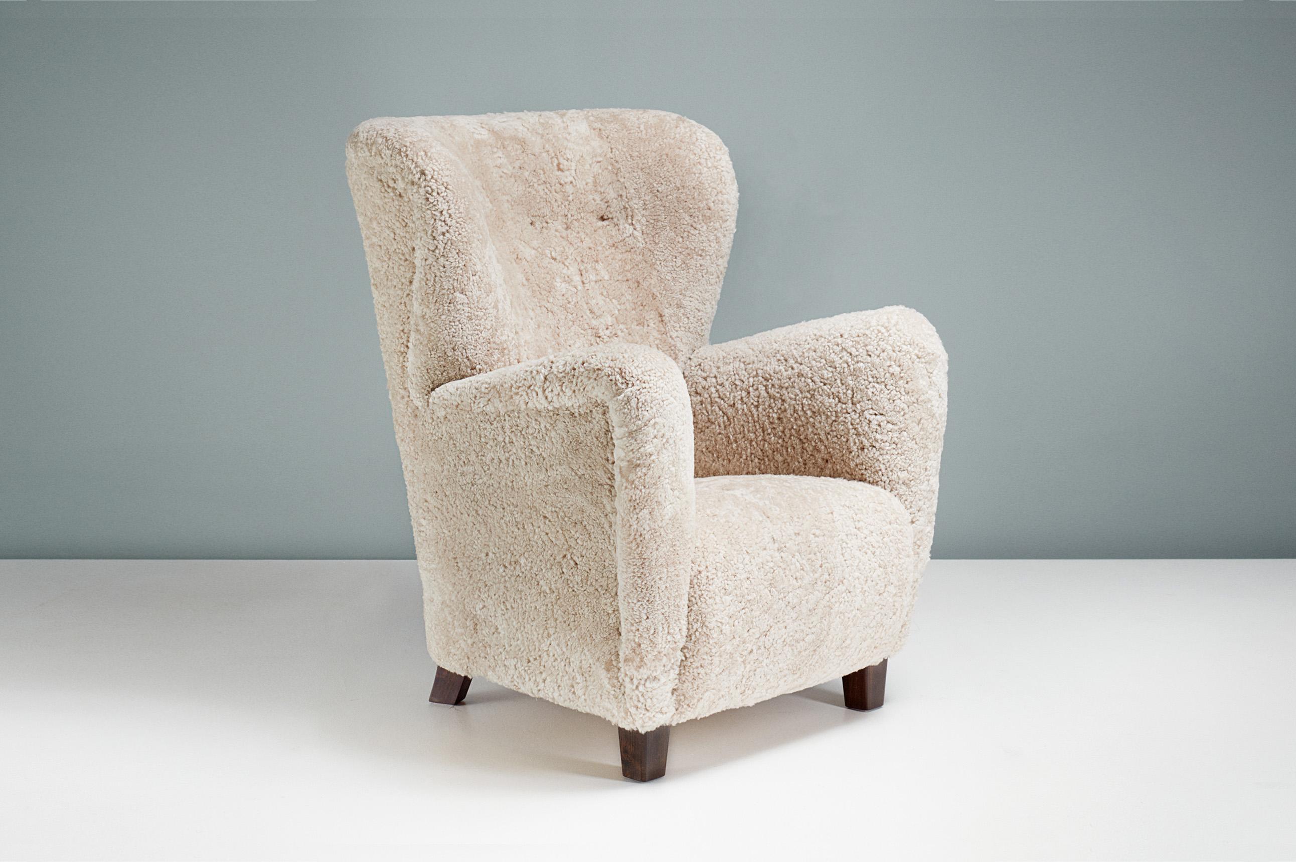 European Danish Cabinetmaker Sheepskin Wing Chair, c1940s For Sale
