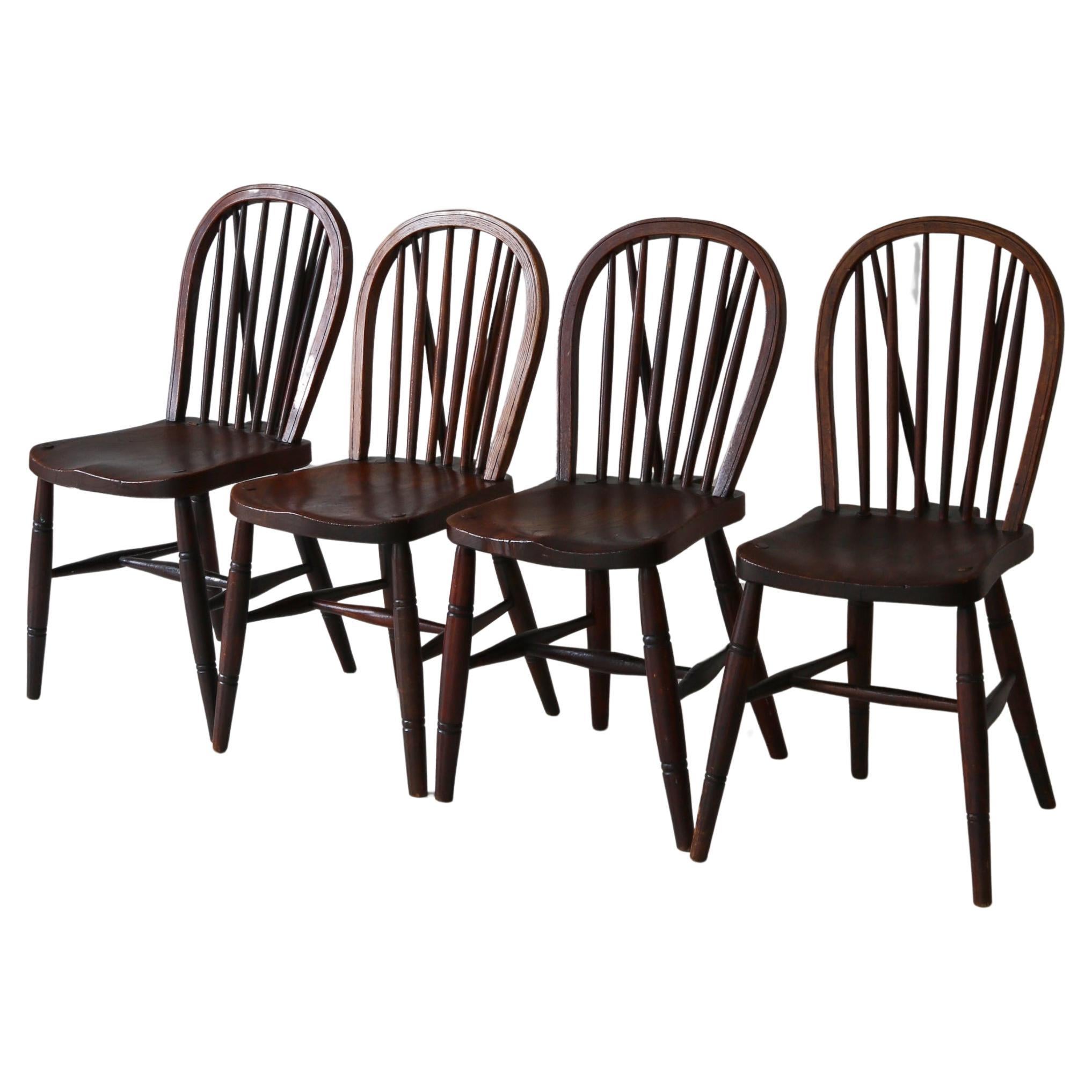 Danish Cabinetmaker Spindle Chairs in Solid Stained Elmwood, Early 20th Century